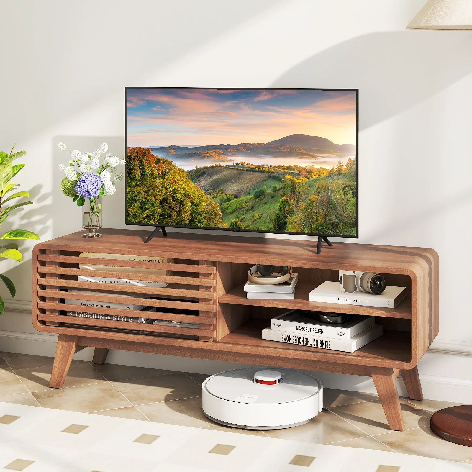 TV Stand for TVs up to 55" with Sliding Door and Adjustable Shelves for Living Room, Walnut - Image 2