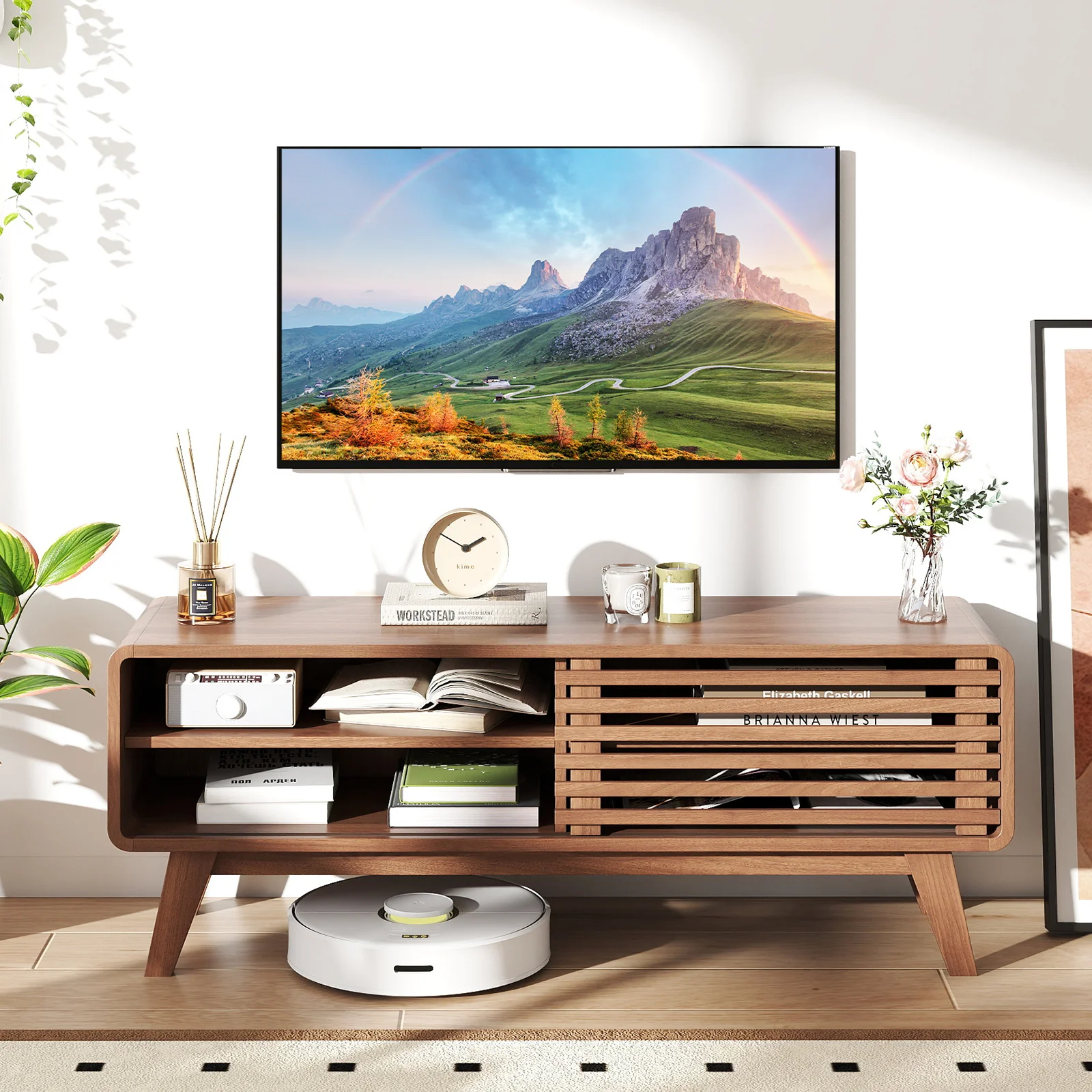 TV Stand for TVs up to 55" with Sliding Door and Adjustable Shelves for Living Room, Walnut - Image 3