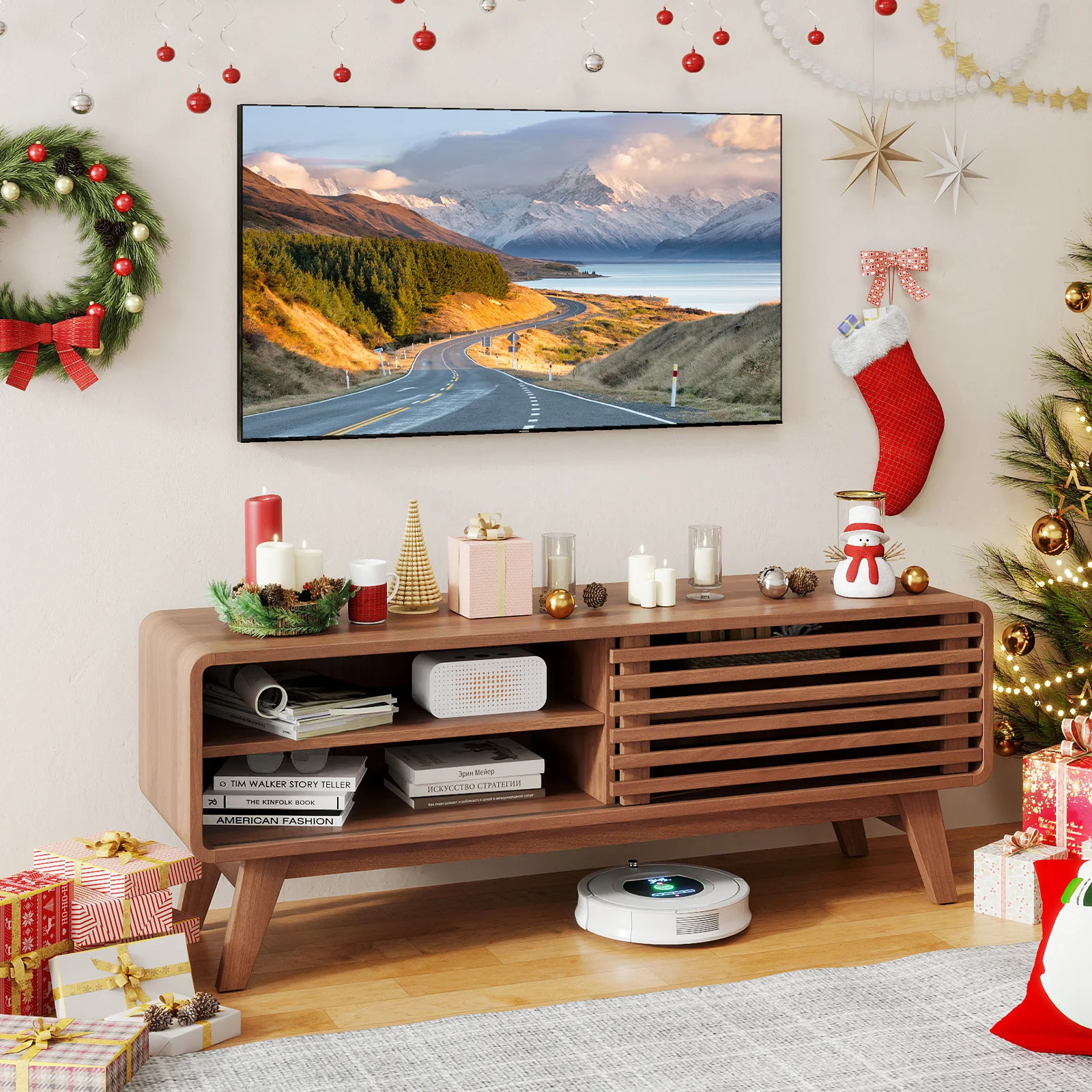 TV Stand for TVs up to 55" with Sliding Door and Adjustable Shelves for Living Room, Walnut - Image 7