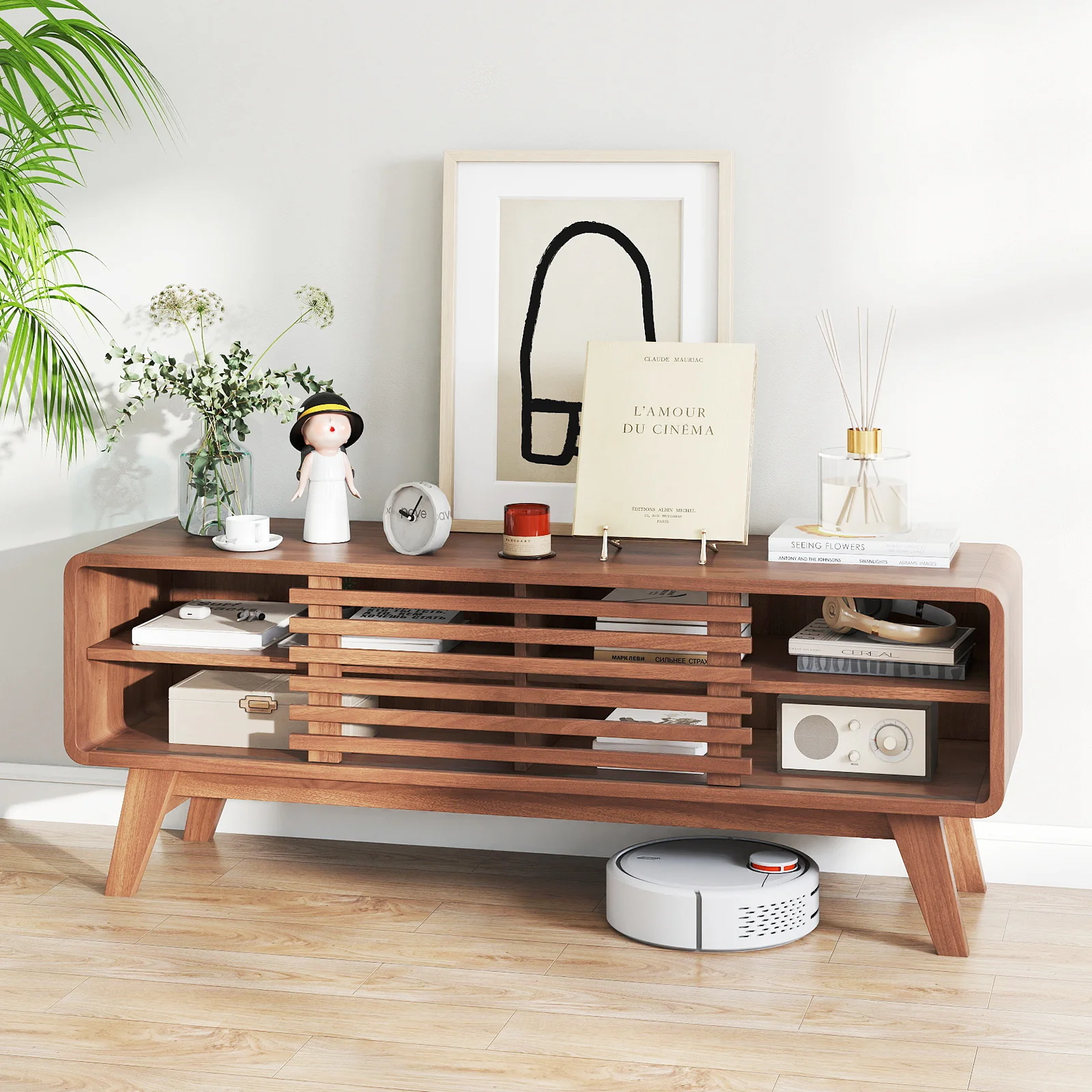 TV Stand for TVs up to 55" with Sliding Door and Adjustable Shelves for Living Room, Walnut - Image 8