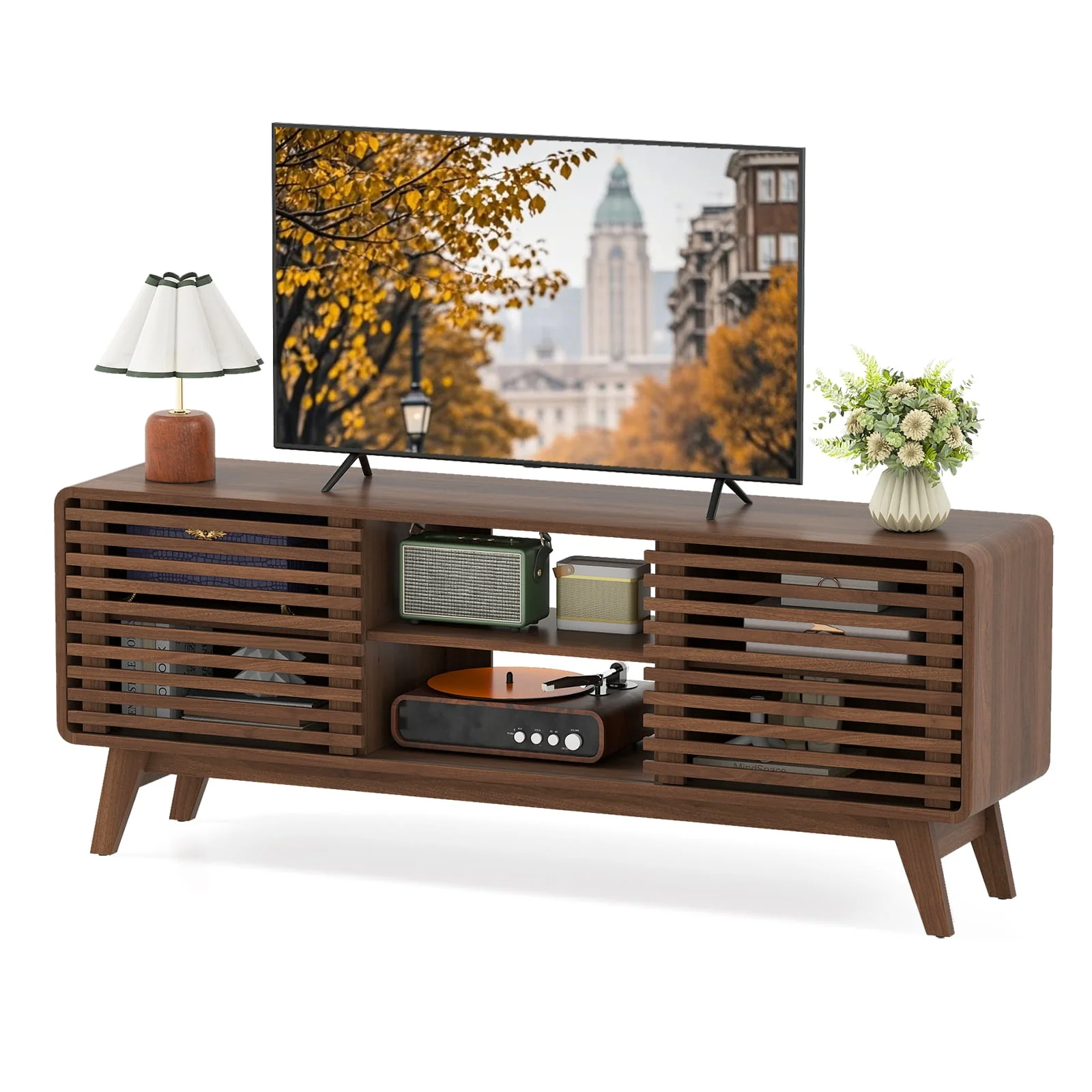 TV Stand for TVs up to 65" with Sliding Doors and Adjustable Shelves for Living Room, Walnut