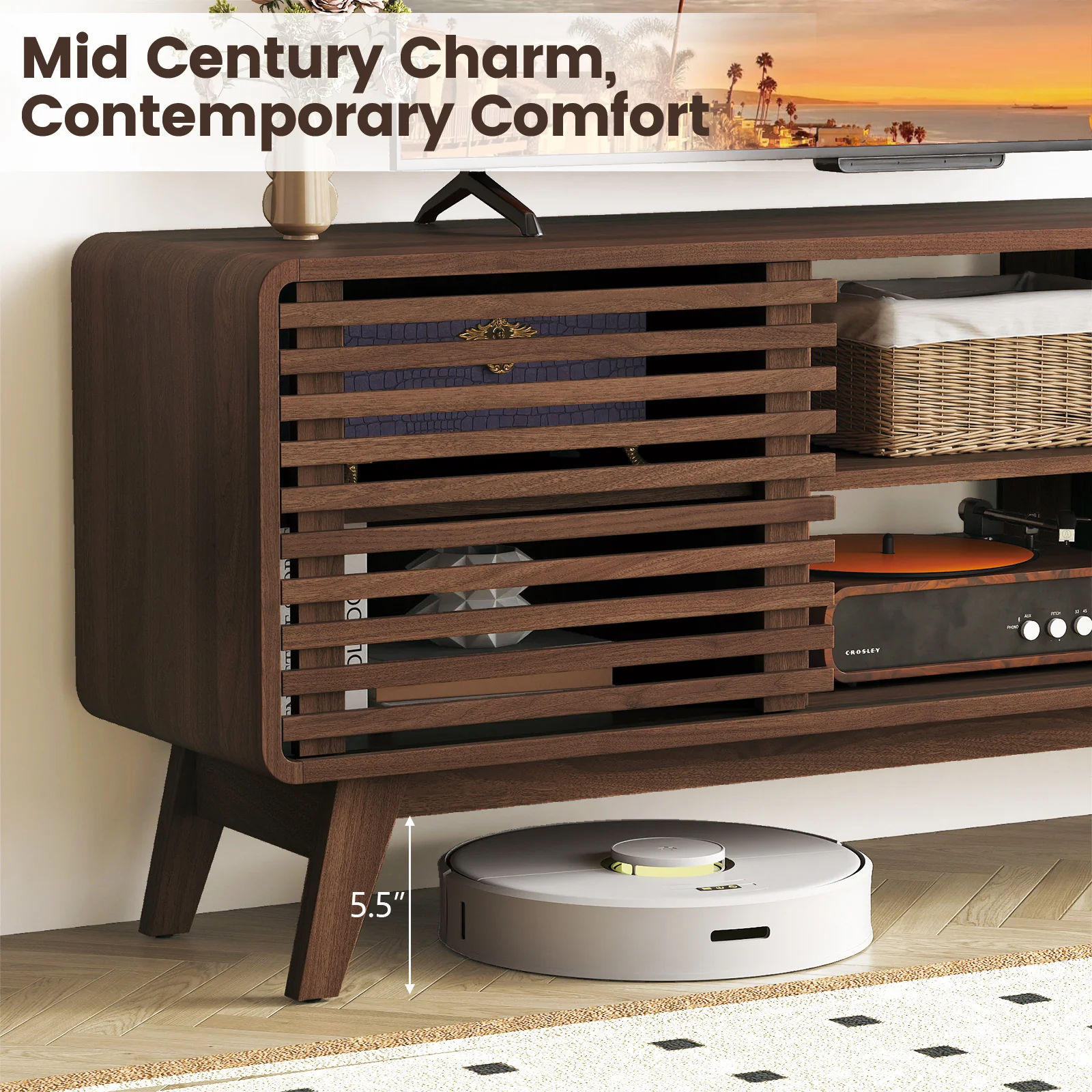 TV Stand for TVs up to 65" with Sliding Doors and Adjustable Shelves for Living Room, Walnut - Image 10