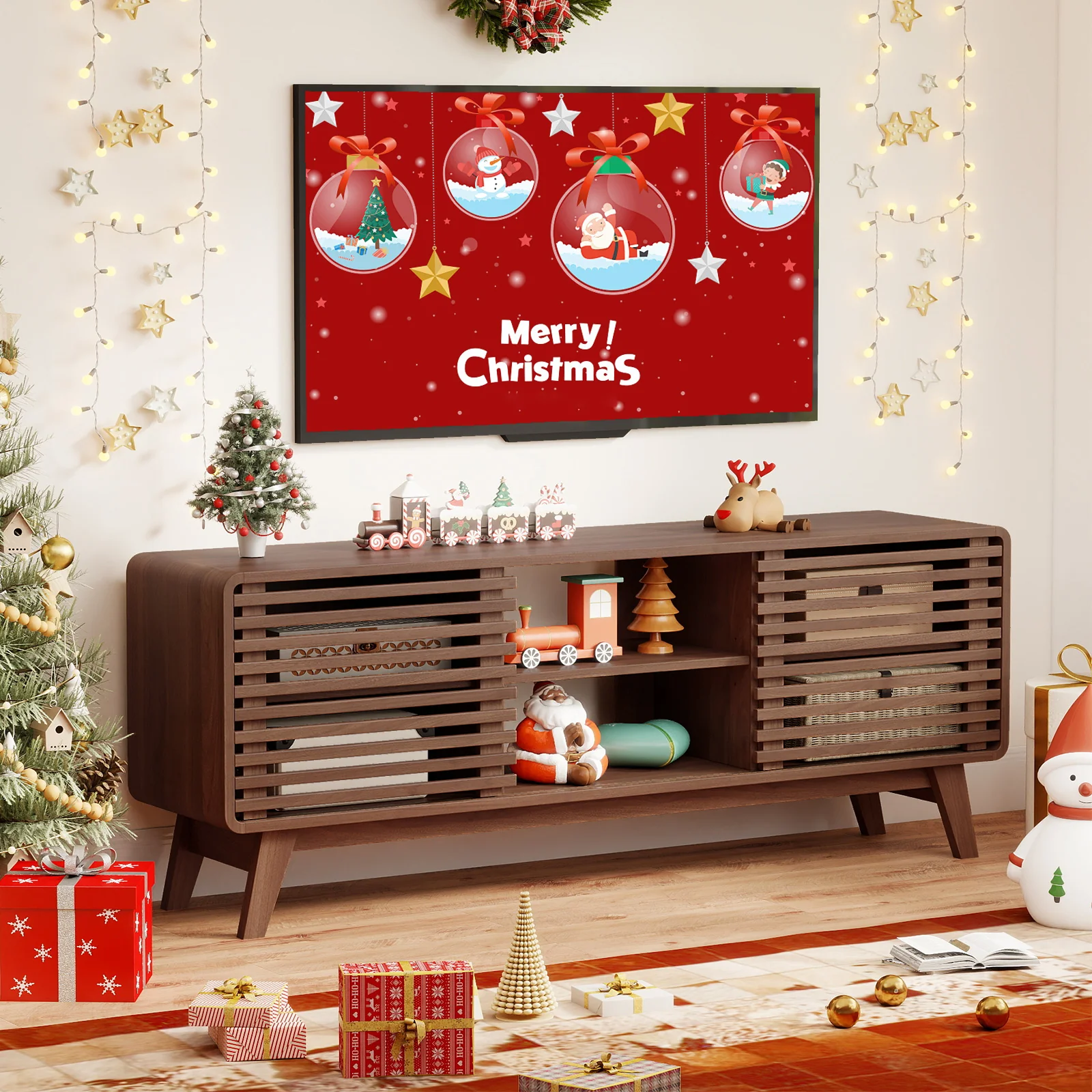 TV Stand for TVs up to 65" with Sliding Doors and Adjustable Shelves for Living Room, Walnut - Image 3