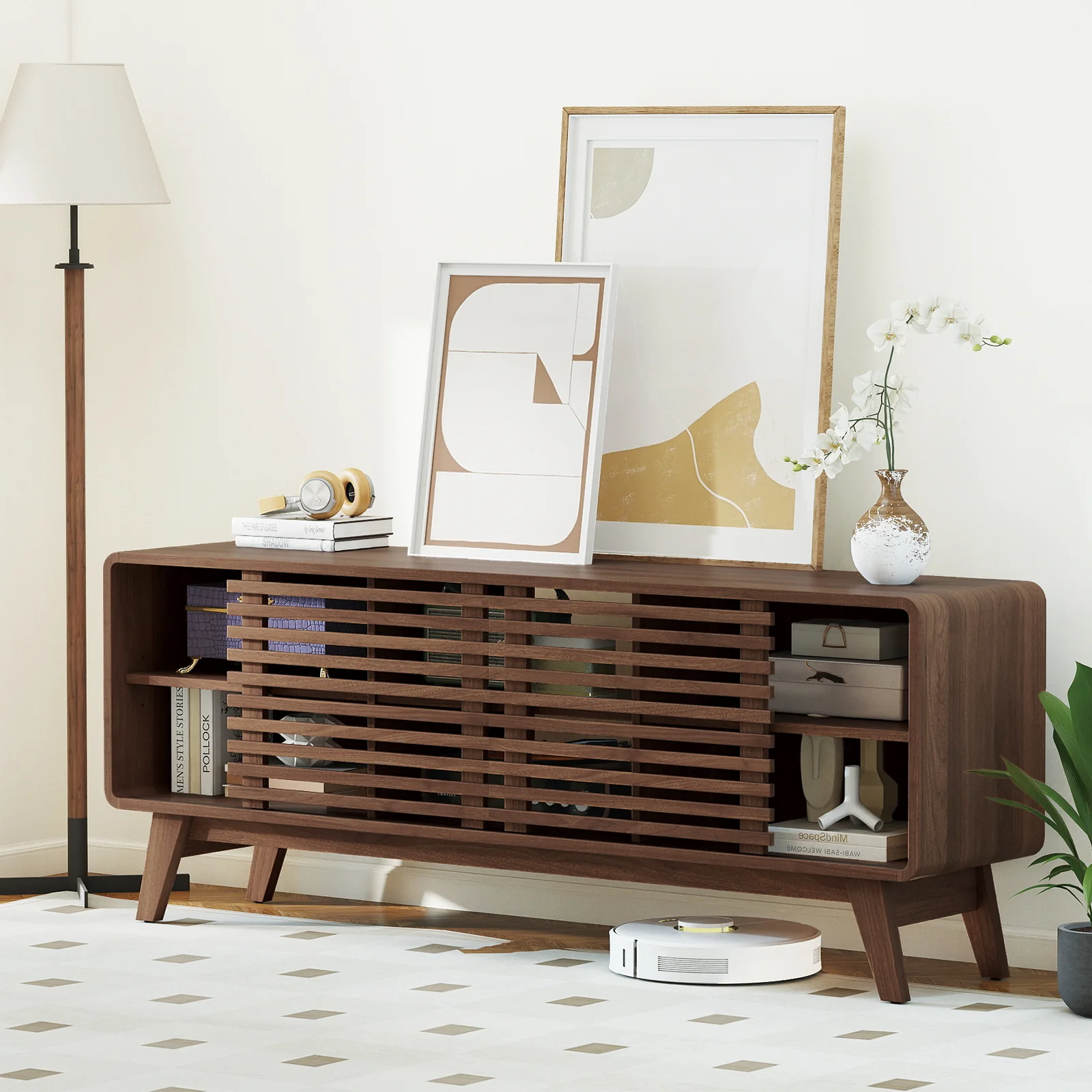 TV Stand for TVs up to 65" with Sliding Doors and Adjustable Shelves for Living Room, Walnut - Image 6
