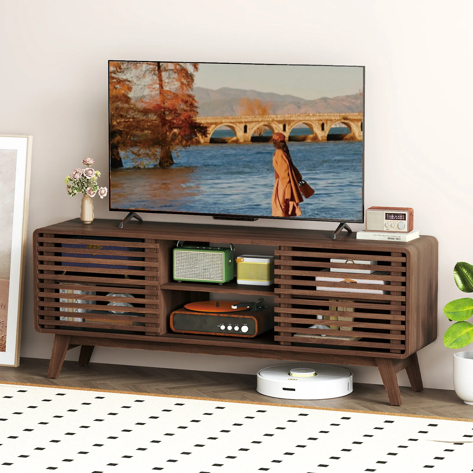TV Stand for TVs up to 65" with Sliding Doors and Adjustable Shelves for Living Room, Walnut - Image 7
