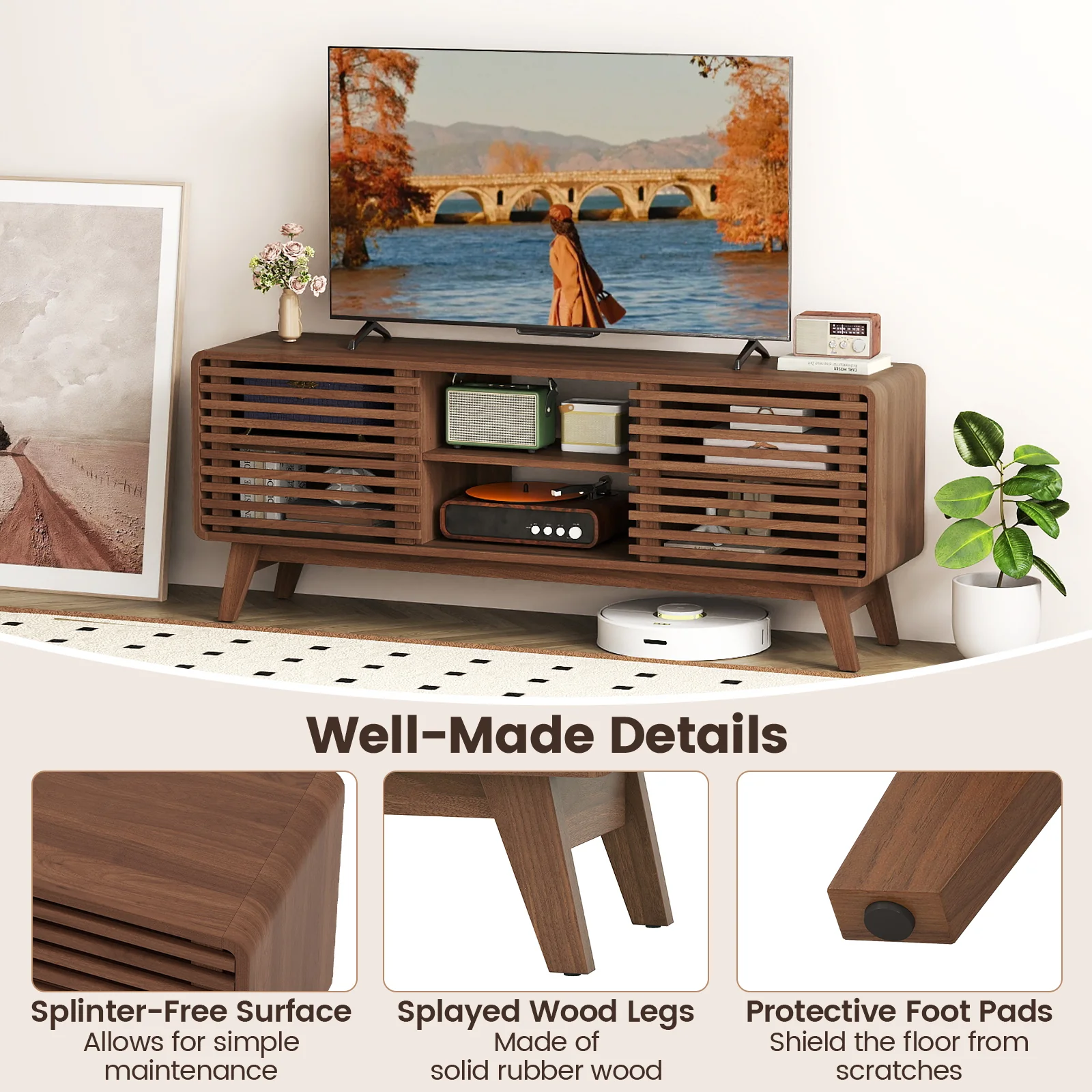 TV Stand for TVs up to 65" with Sliding Doors and Adjustable Shelves for Living Room, Walnut - Image 9