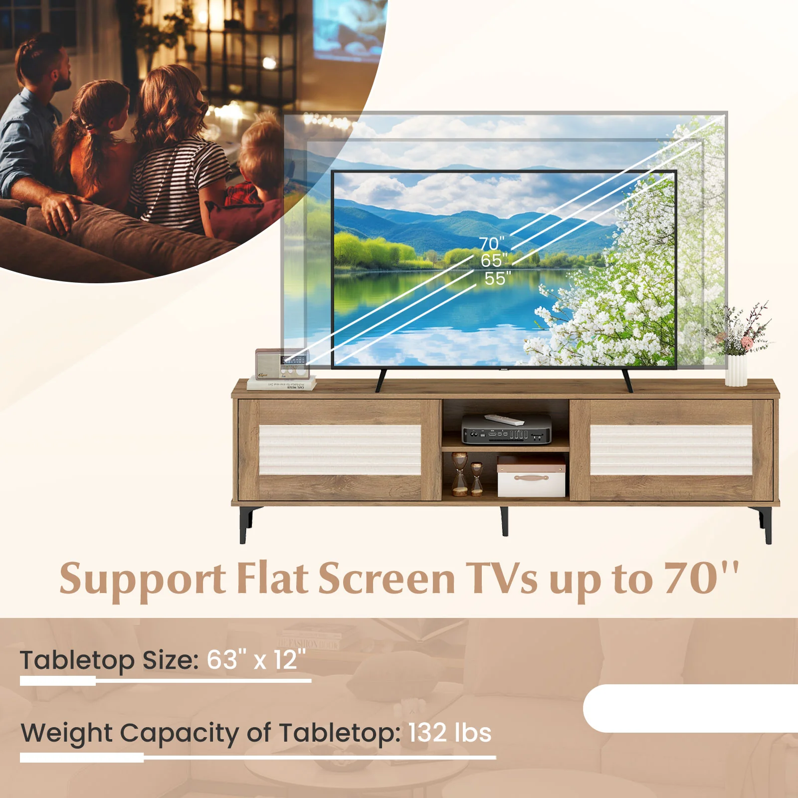 TV Stand for TVs up to 70 Inch Waveform Fluted Entertainment Center, Oak - Image 10
