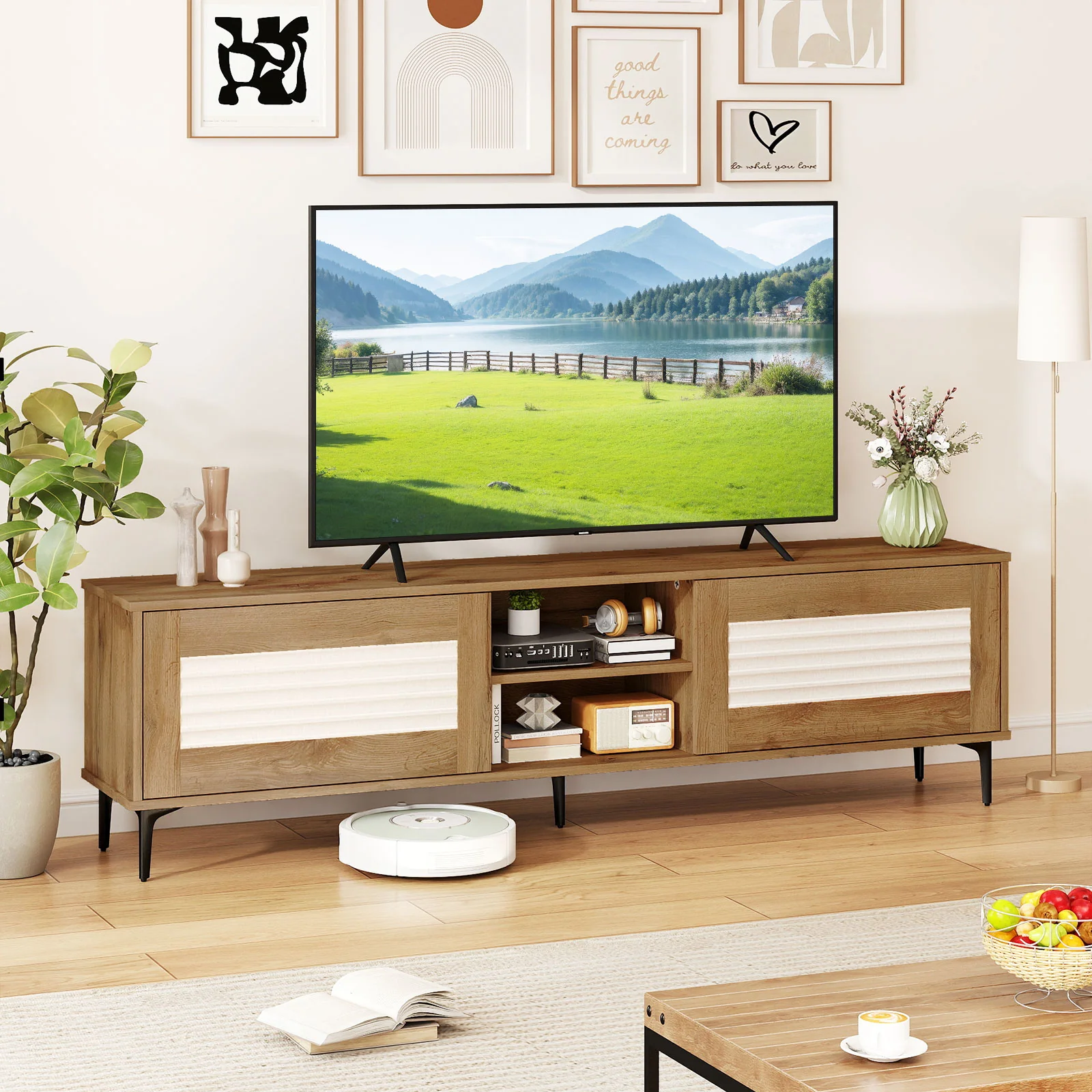 TV Stand for TVs up to 70 Inch Waveform Fluted Entertainment Center, Oak - Image 2
