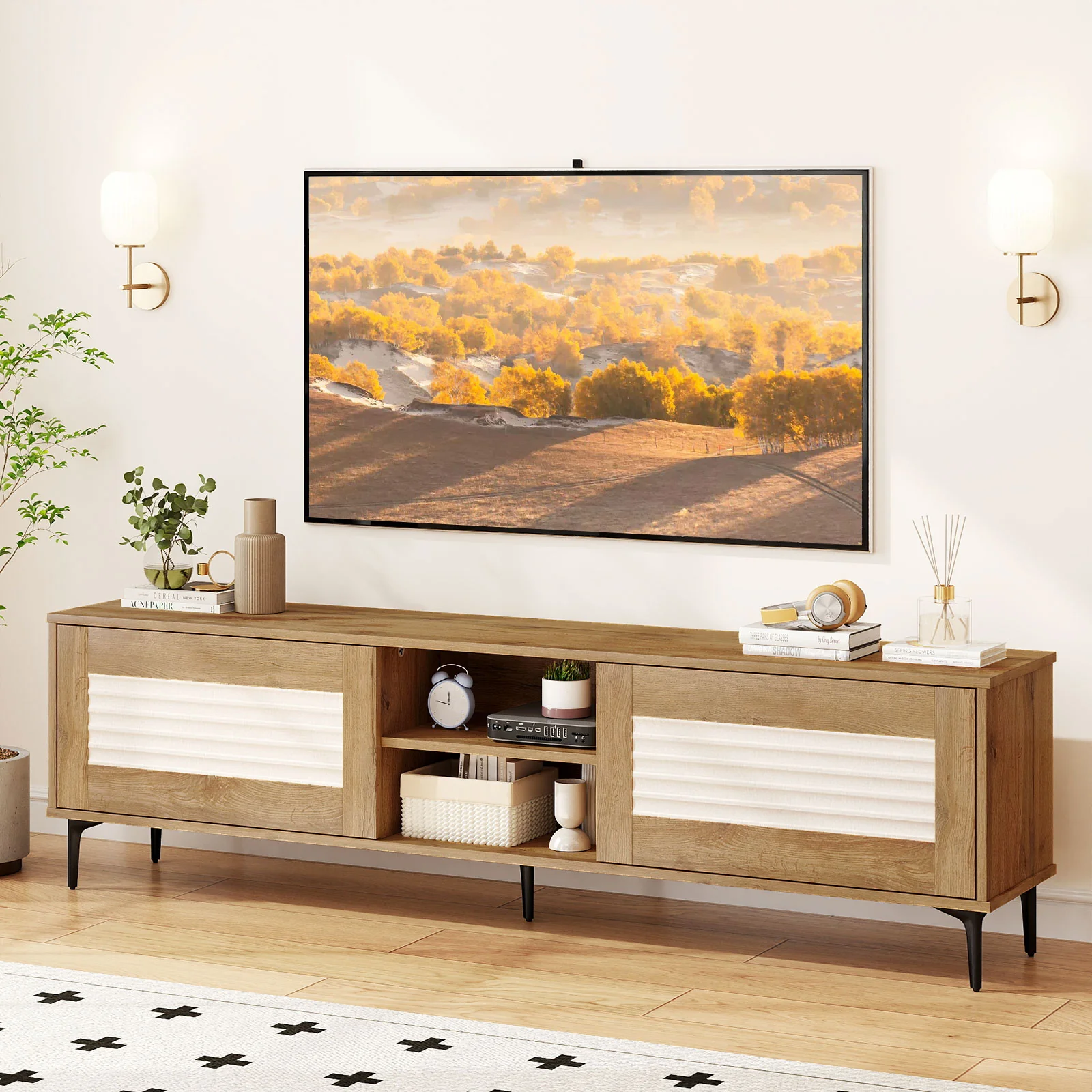 TV Stand for TVs up to 70 Inch Waveform Fluted Entertainment Center, Oak - Image 3