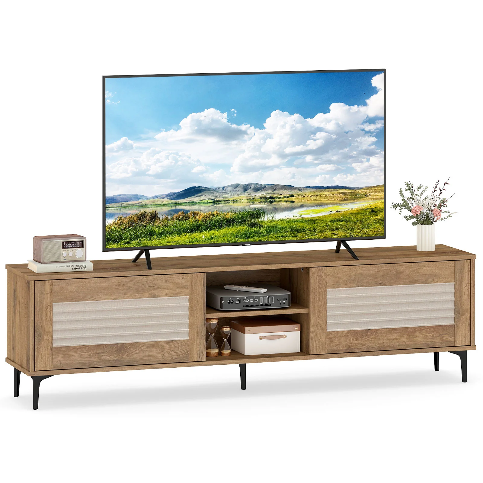 TV Stand for TVs up to 70 Inch Waveform Fluted Entertainment Center, Oak - Image 5