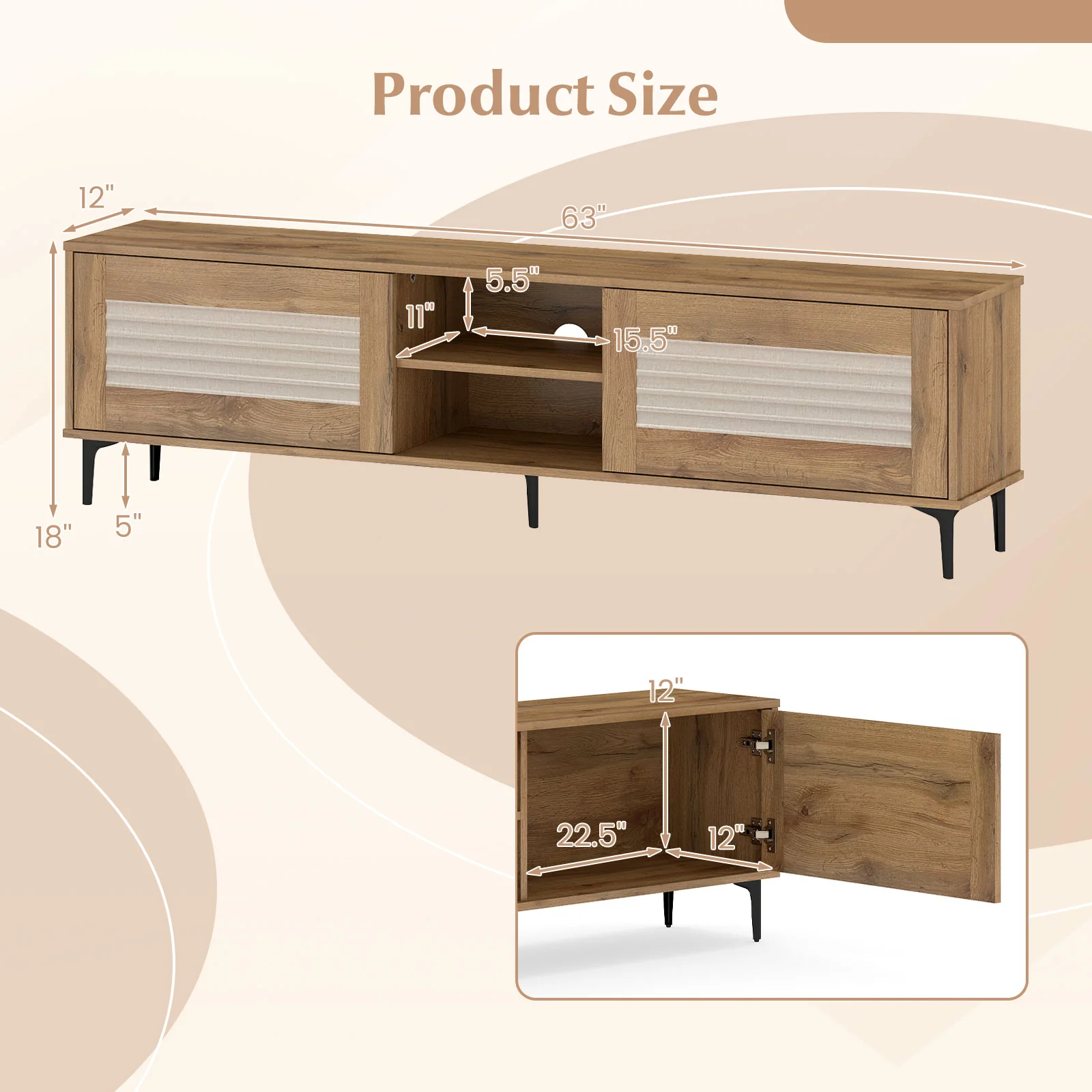TV Stand for TVs up to 70 Inch Waveform Fluted Entertainment Center, Oak - Image 6