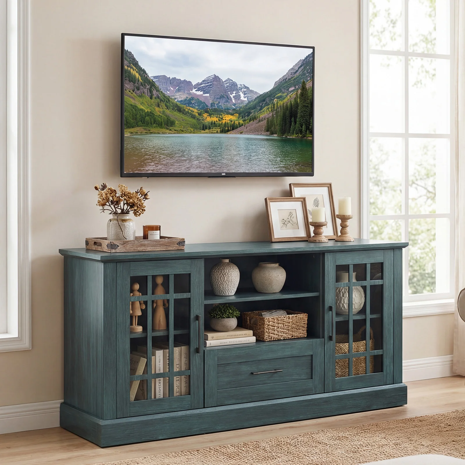 TV Stand for TVs up to 70 with Glass Doors Cubbies and Drawer, Green - Image 2