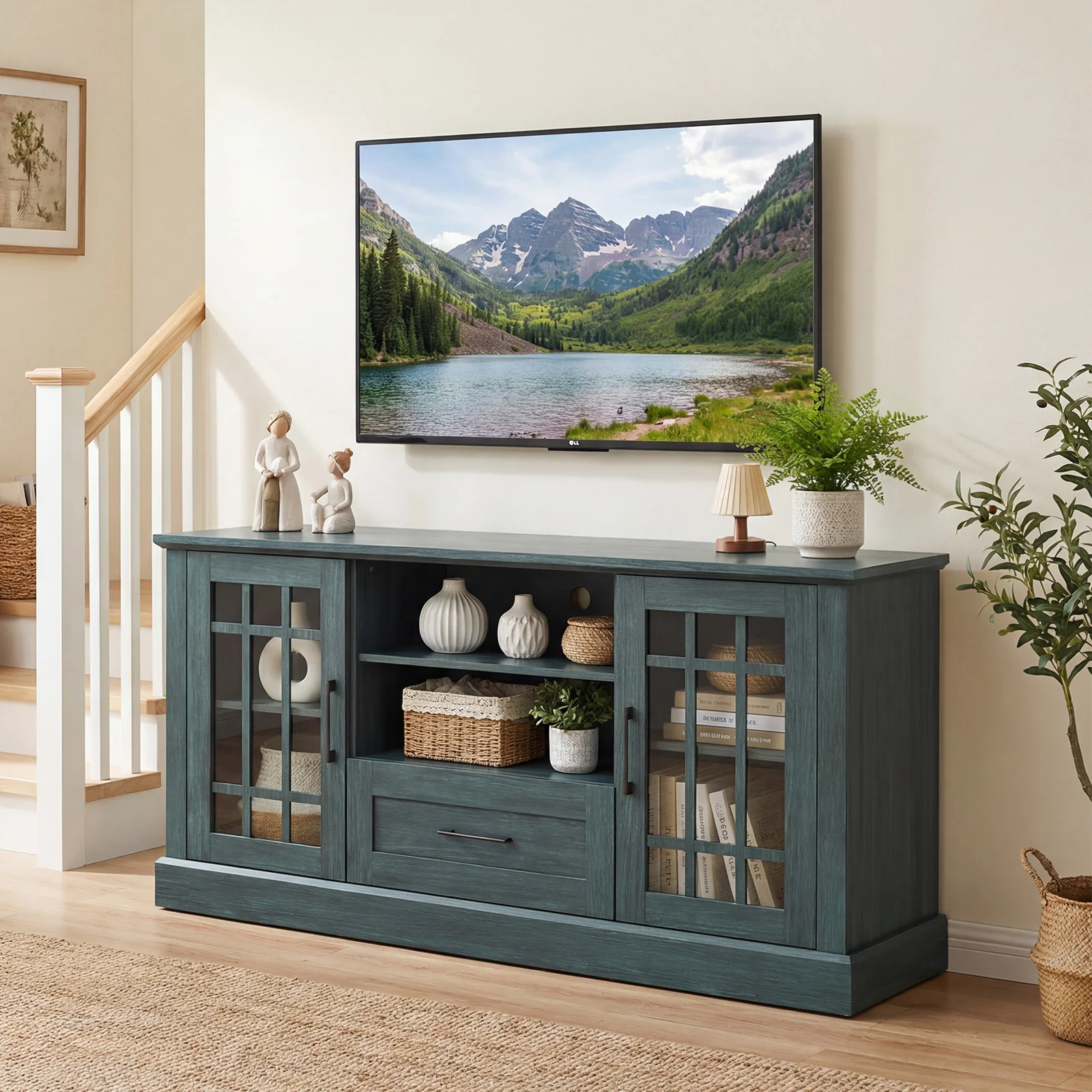 TV Stand for TVs up to 70 with Glass Doors Cubbies and Drawer, Green - Image 3