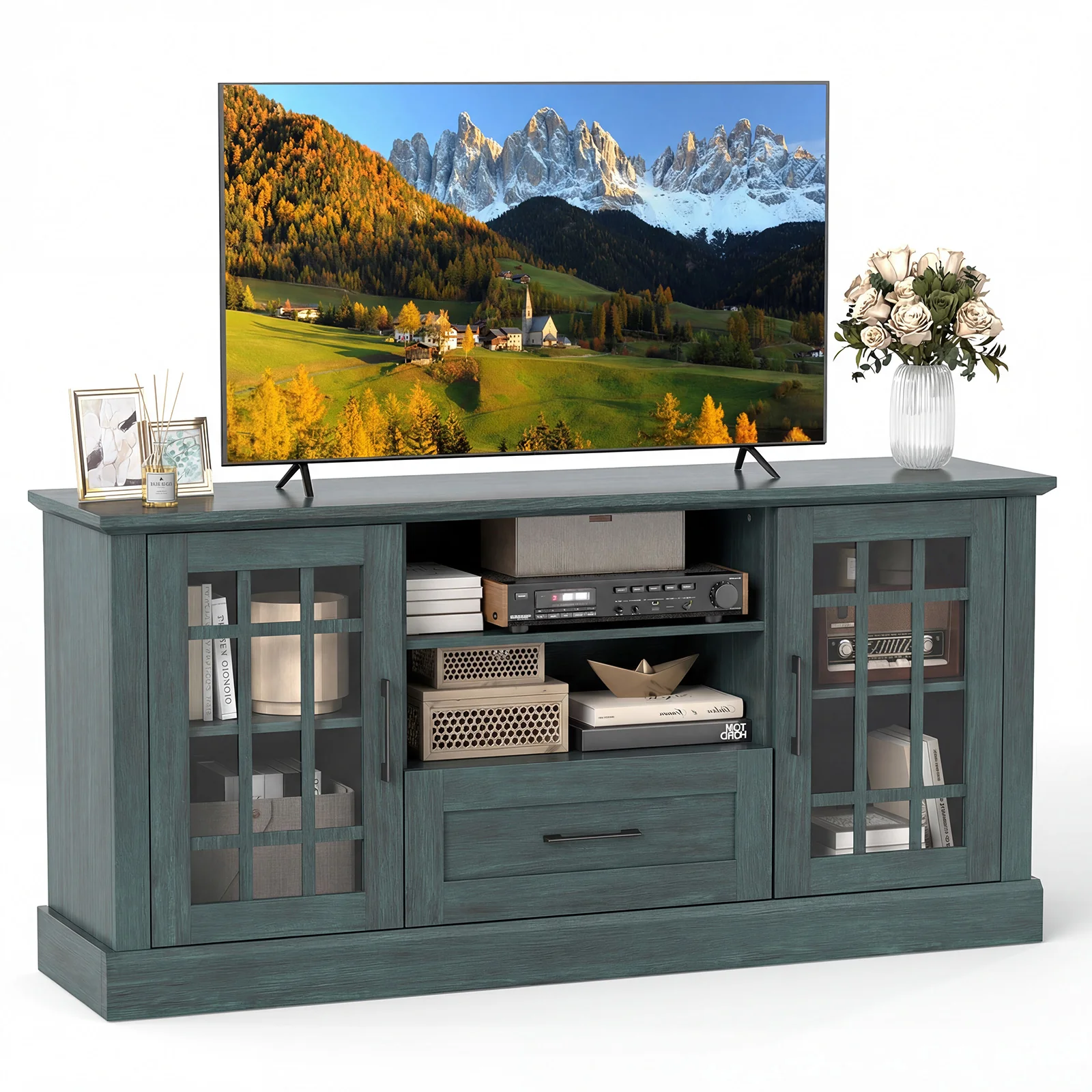 TV Stand for TVs up to 70 with Glass Doors Cubbies and Drawer, Green - Image 4