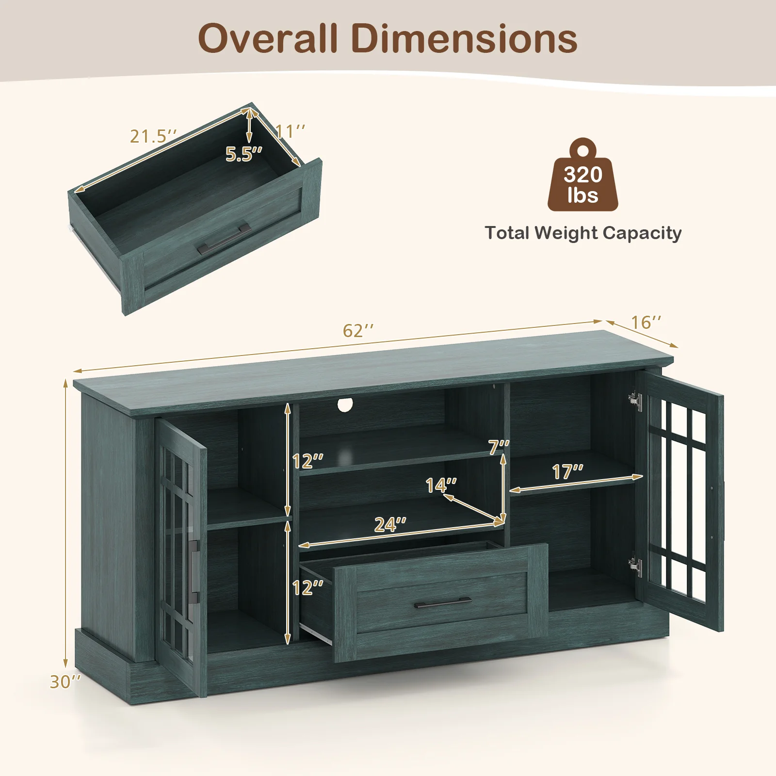 TV Stand for TVs up to 70 with Glass Doors Cubbies and Drawer, Green - Image 5