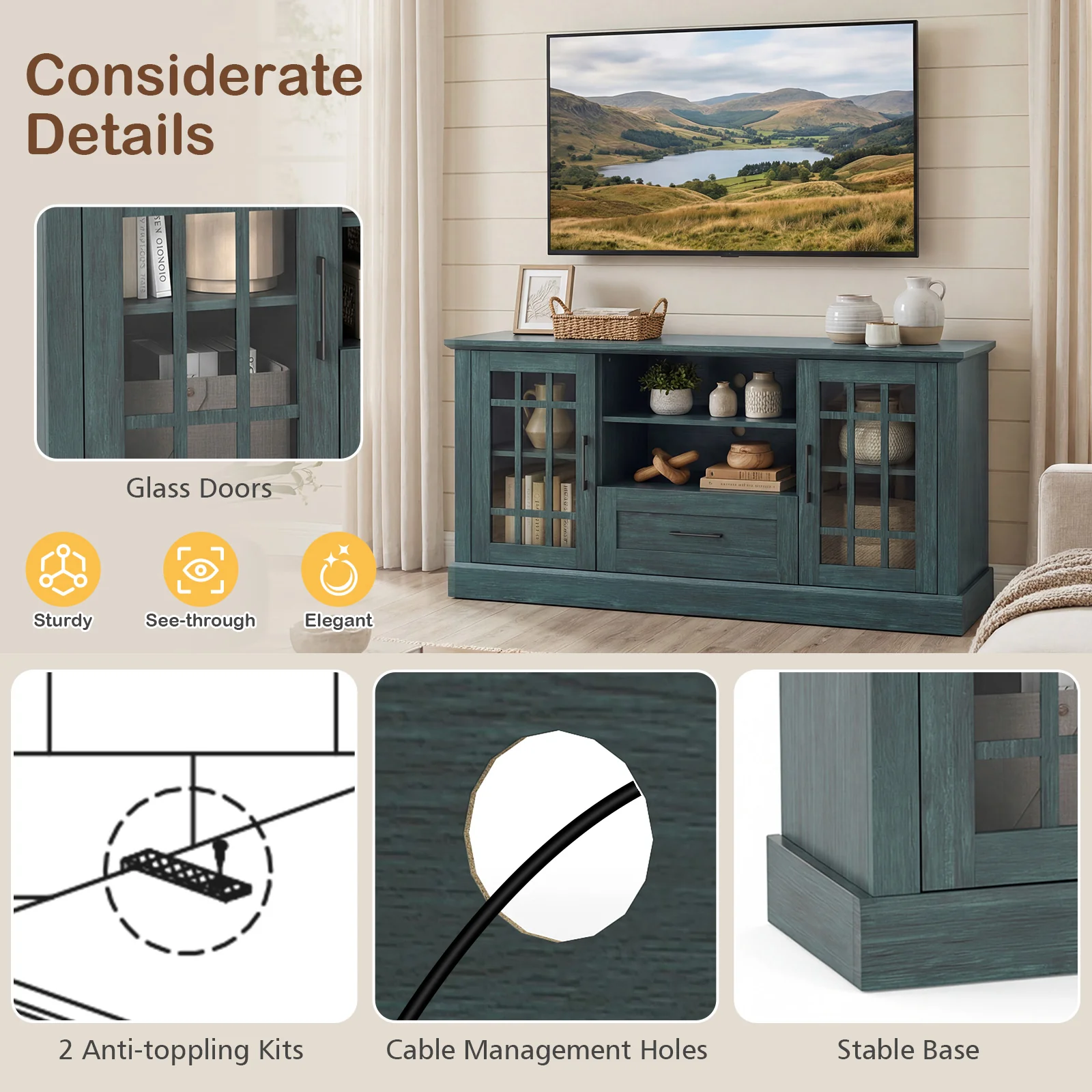 TV Stand for TVs up to 70 with Glass Doors Cubbies and Drawer, Green - Image 6