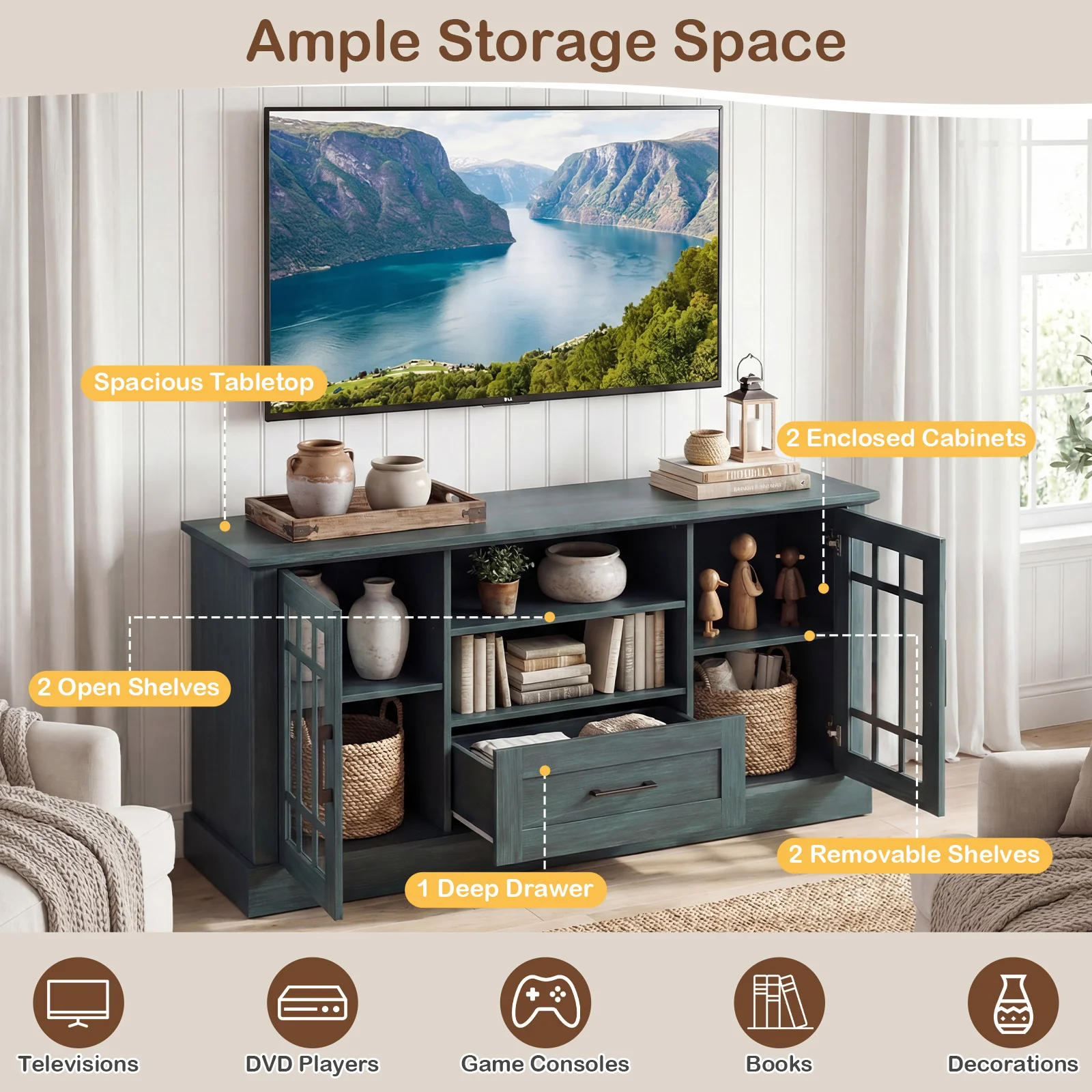 TV Stand for TVs up to 70 with Glass Doors Cubbies and Drawer, Green - Image 7