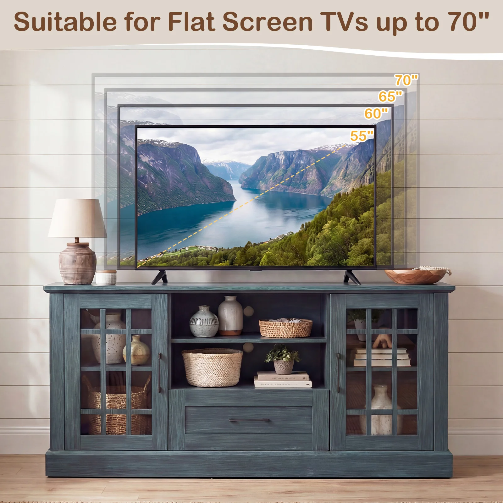 TV Stand for TVs up to 70 with Glass Doors Cubbies and Drawer, Green - Image 8