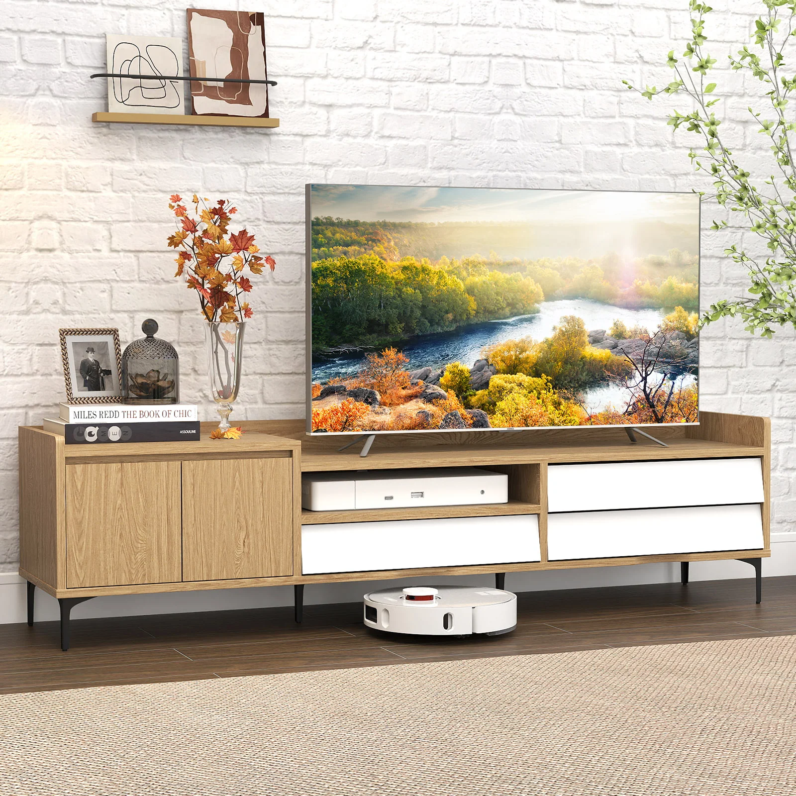 TV Stand for TVs up to 80 Inch Mid Century Modern Entertainment Center with Storage Cabinet, Natural - Image 2