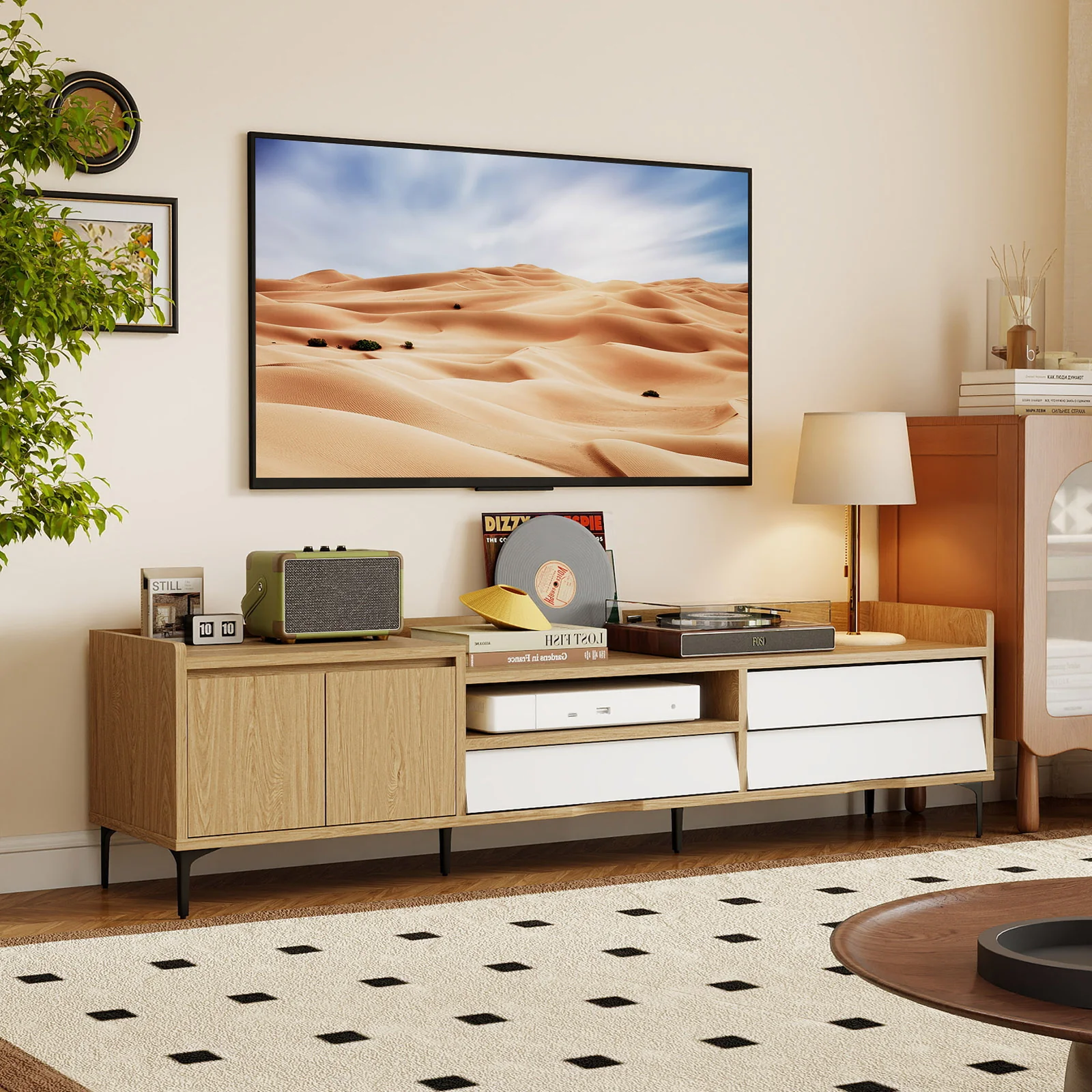 TV Stand for TVs up to 80 Inch Mid Century Modern Entertainment Center with Storage Cabinet, Natural - Image 3