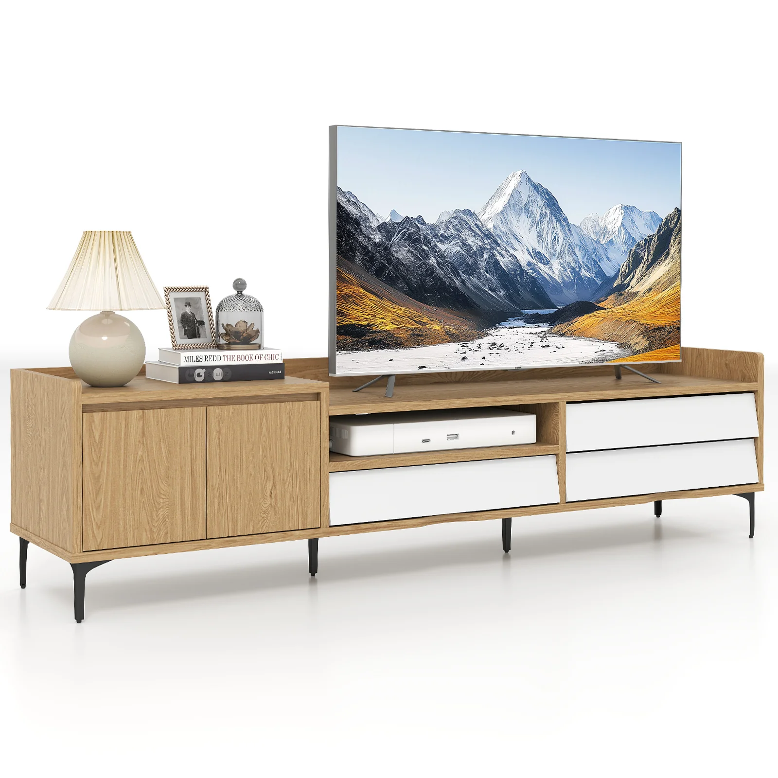 TV Stand for TVs up to 80 Inch Mid Century Modern Entertainment Center with Storage Cabinet, Natural - Image 4