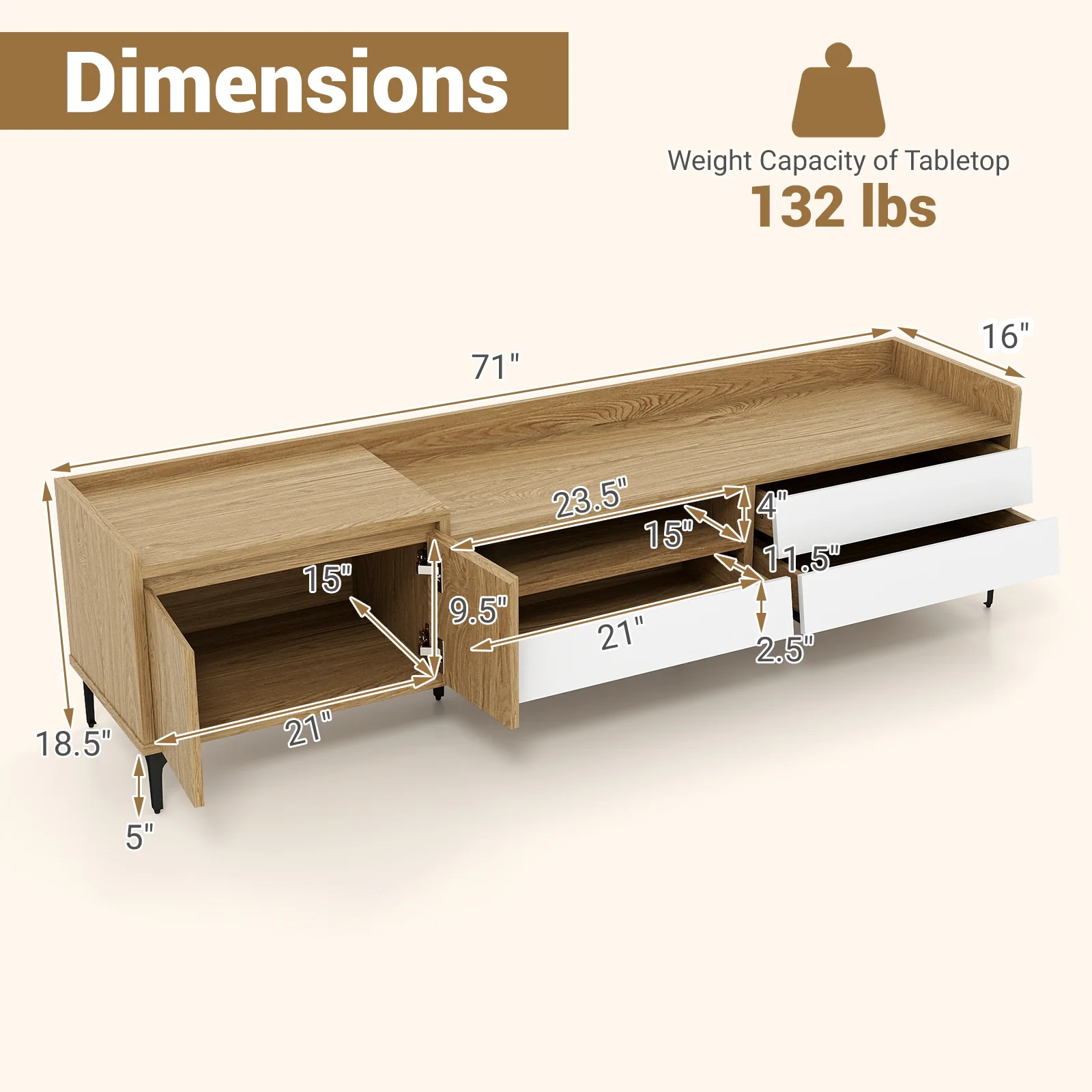 TV Stand for TVs up to 80 Inch Mid Century Modern Entertainment Center with Storage Cabinet, Natural - Image 6
