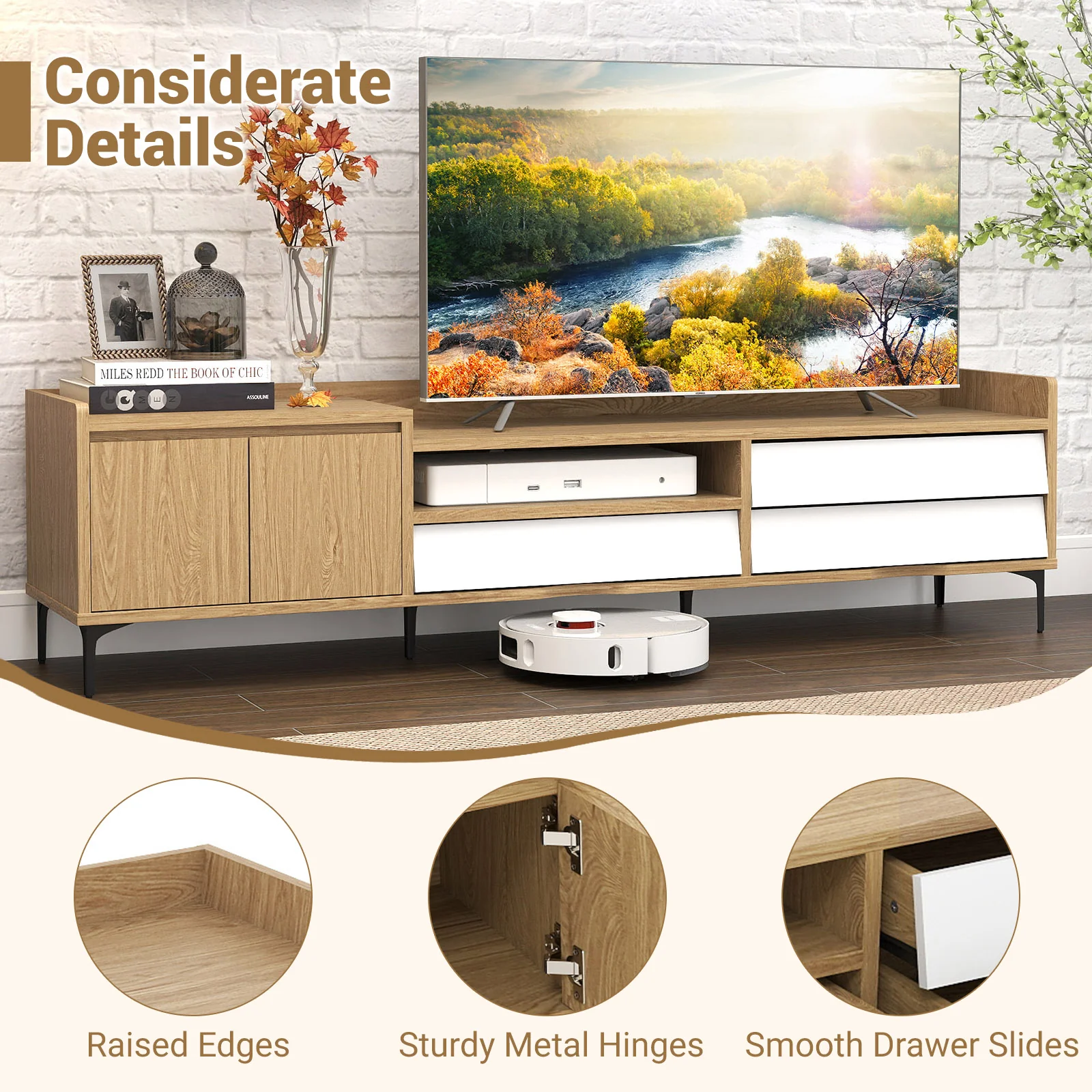 TV Stand for TVs up to 80 Inch Mid Century Modern Entertainment Center with Storage Cabinet, Natural - Image 8