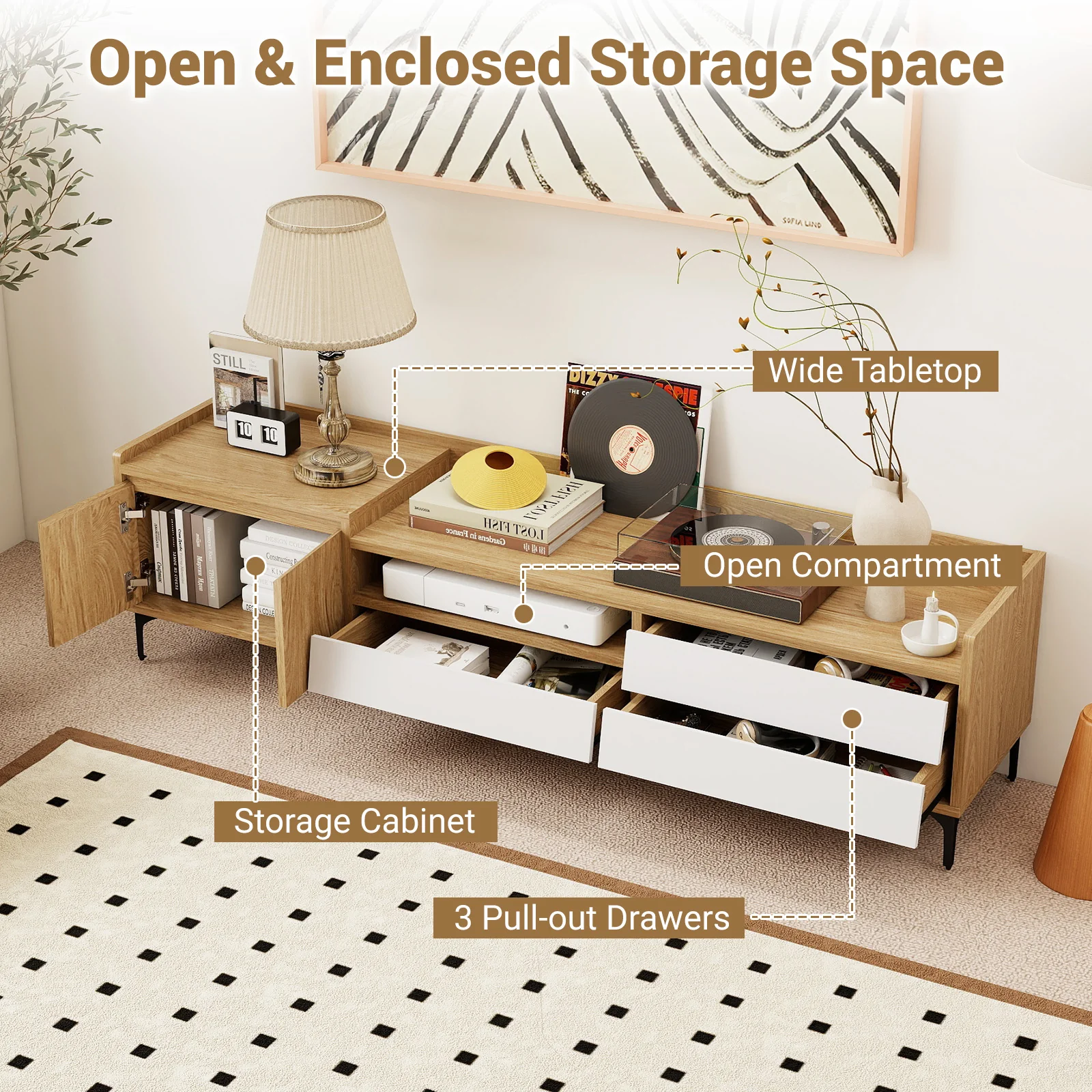 TV Stand for TVs up to 80 Inch Mid Century Modern Entertainment Center with Storage Cabinet, Natural - Image 9