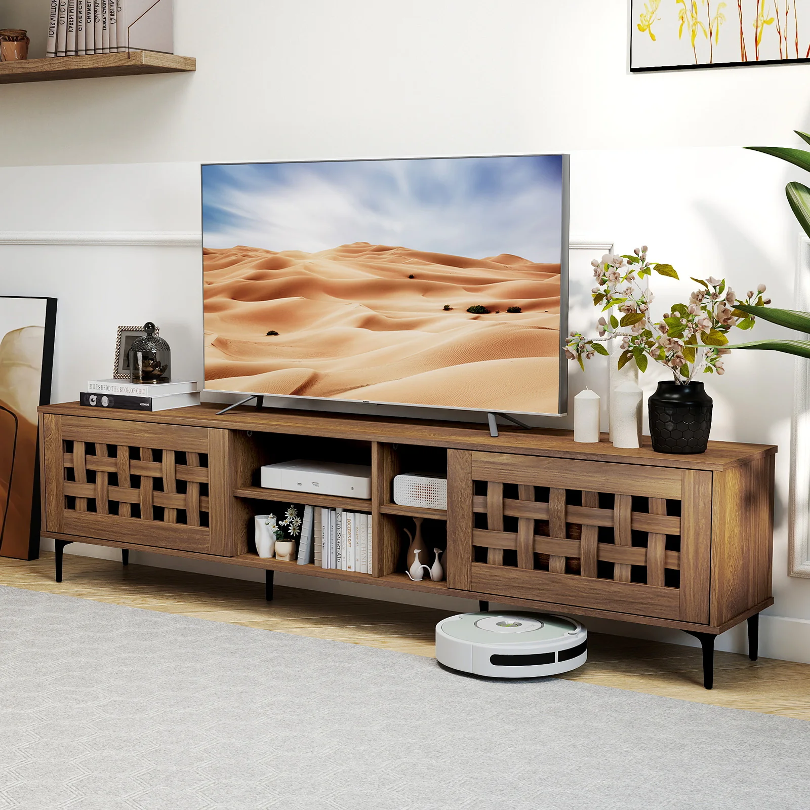 TV Stand for TVs up to 80" with 2 Doors and Storage Cabinets, Walnut - Image 2