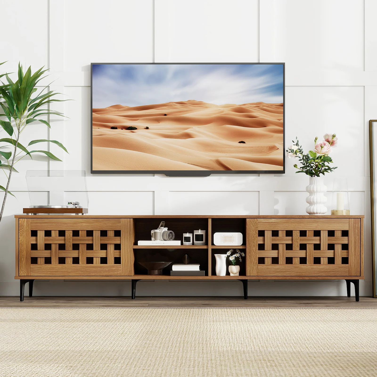 TV Stand for TVs up to 80" with 2 Doors and Storage Cabinets, Walnut - Image 3