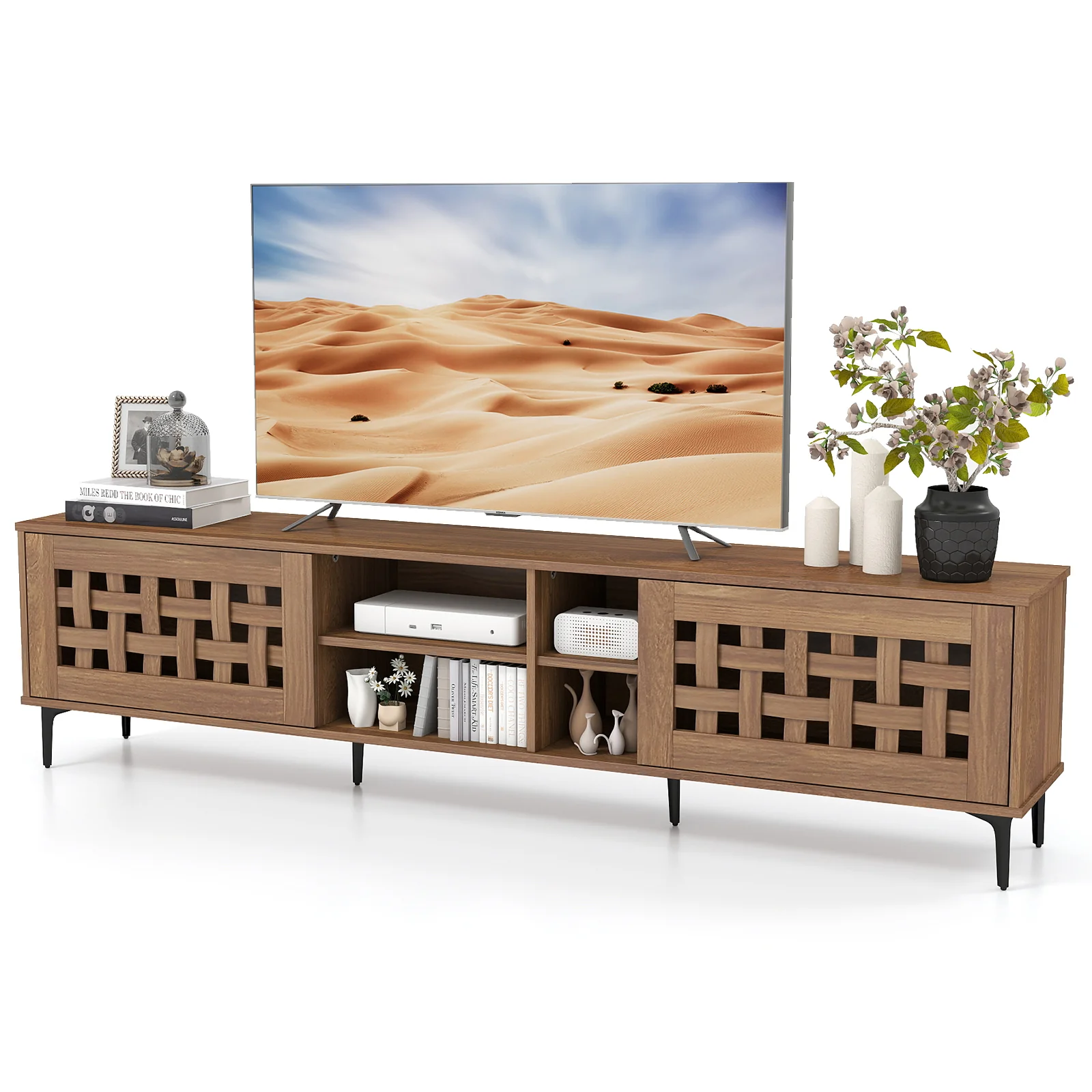 TV Stand for TVs up to 80" with 2 Doors and Storage Cabinets, Walnut - Image 5