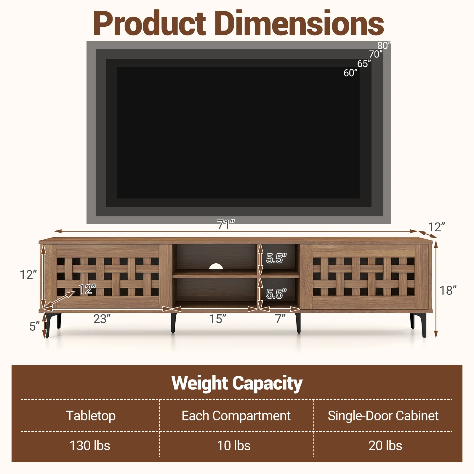 TV Stand for TVs up to 80" with 2 Doors and Storage Cabinets, Walnut - Image 6