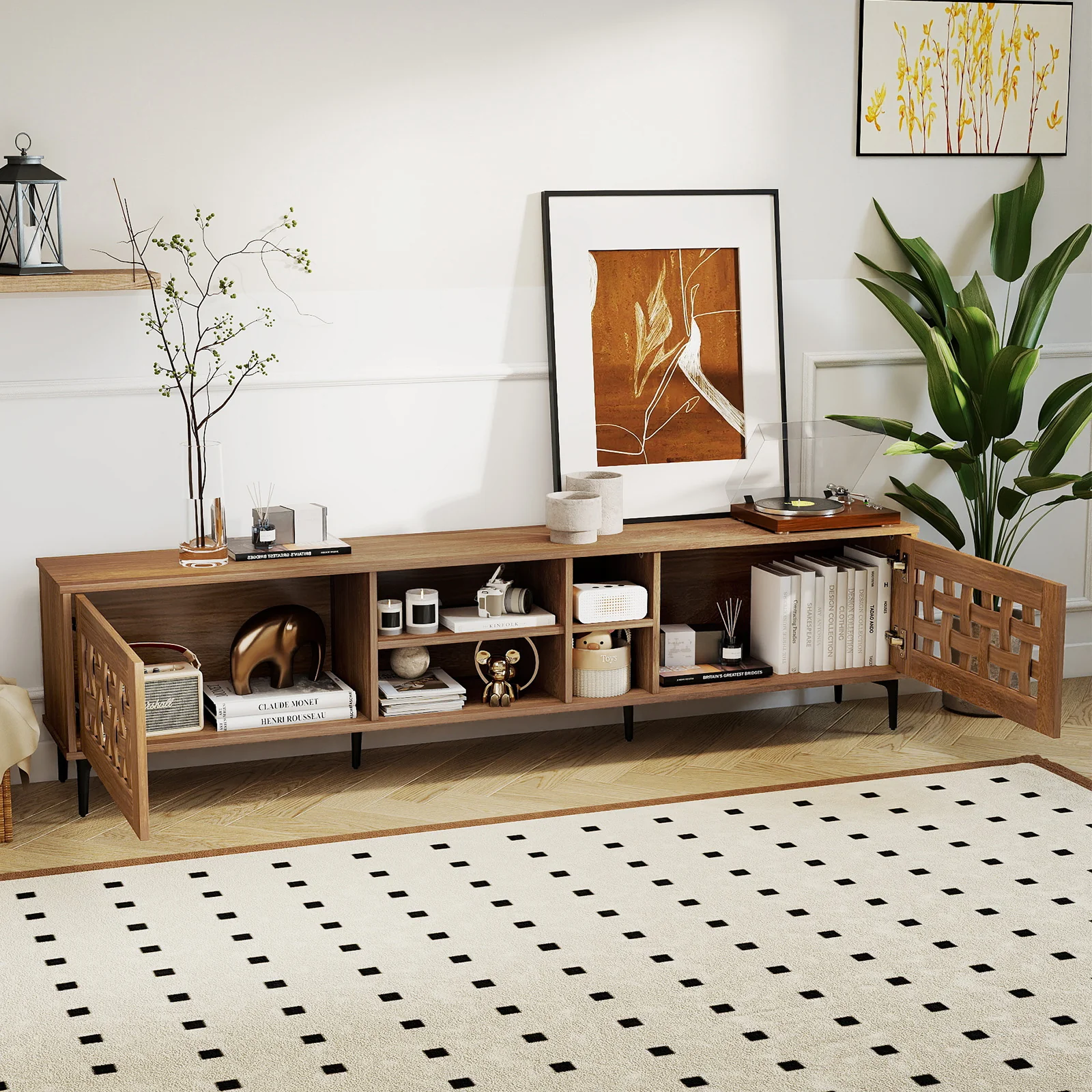 TV Stand for TVs up to 80" with 2 Doors and Storage Cabinets, Walnut - Image 7