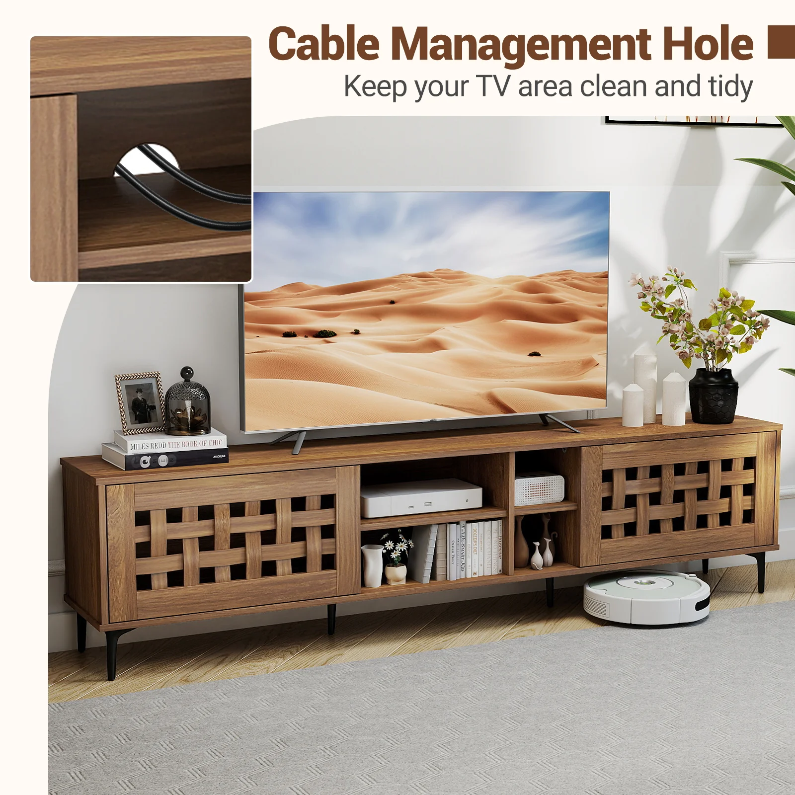 TV Stand for TVs up to 80" with 2 Doors and Storage Cabinets, Walnut - Image 8
