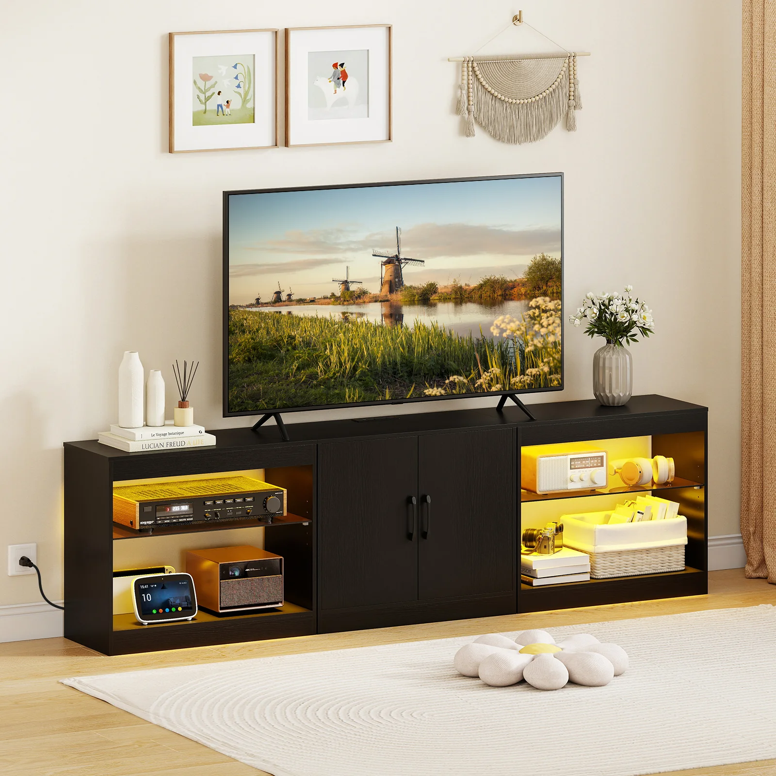 TV Stand for TVs up to 85 Inches LED Entertainment Center with Power Outlets, Black - Image 2