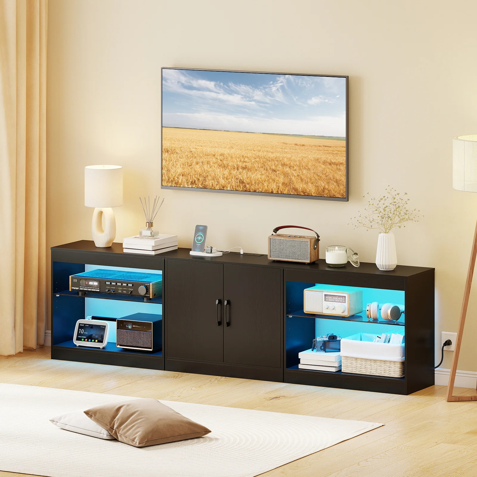 TV Stand for TVs up to 85 Inches LED Entertainment Center with Power Outlets, Black - Image 3
