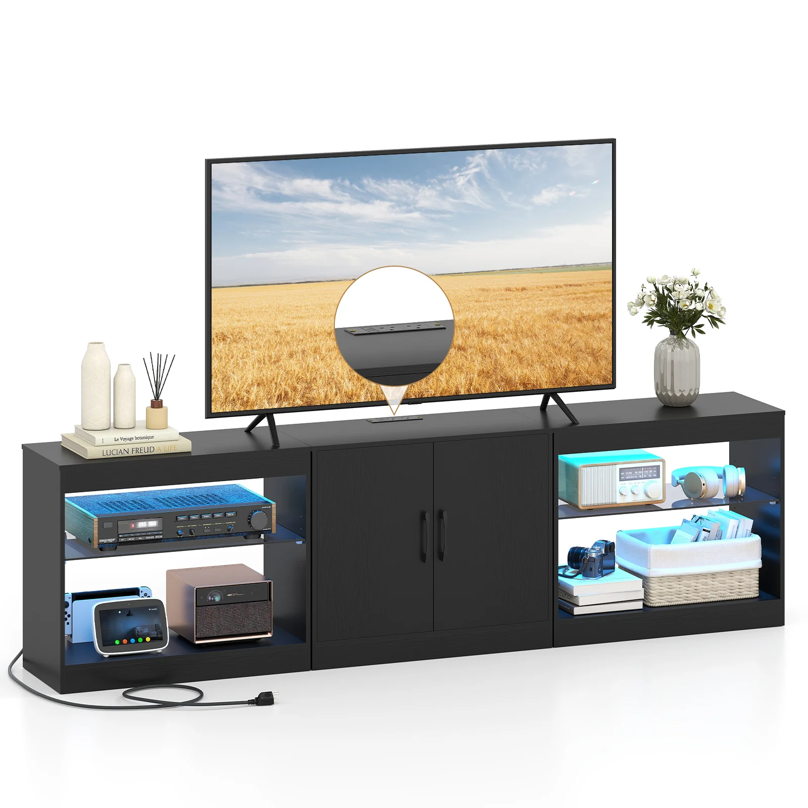 TV Stand for TVs up to 85 Inches LED Entertainment Center with Power Outlets, Black - Image 5