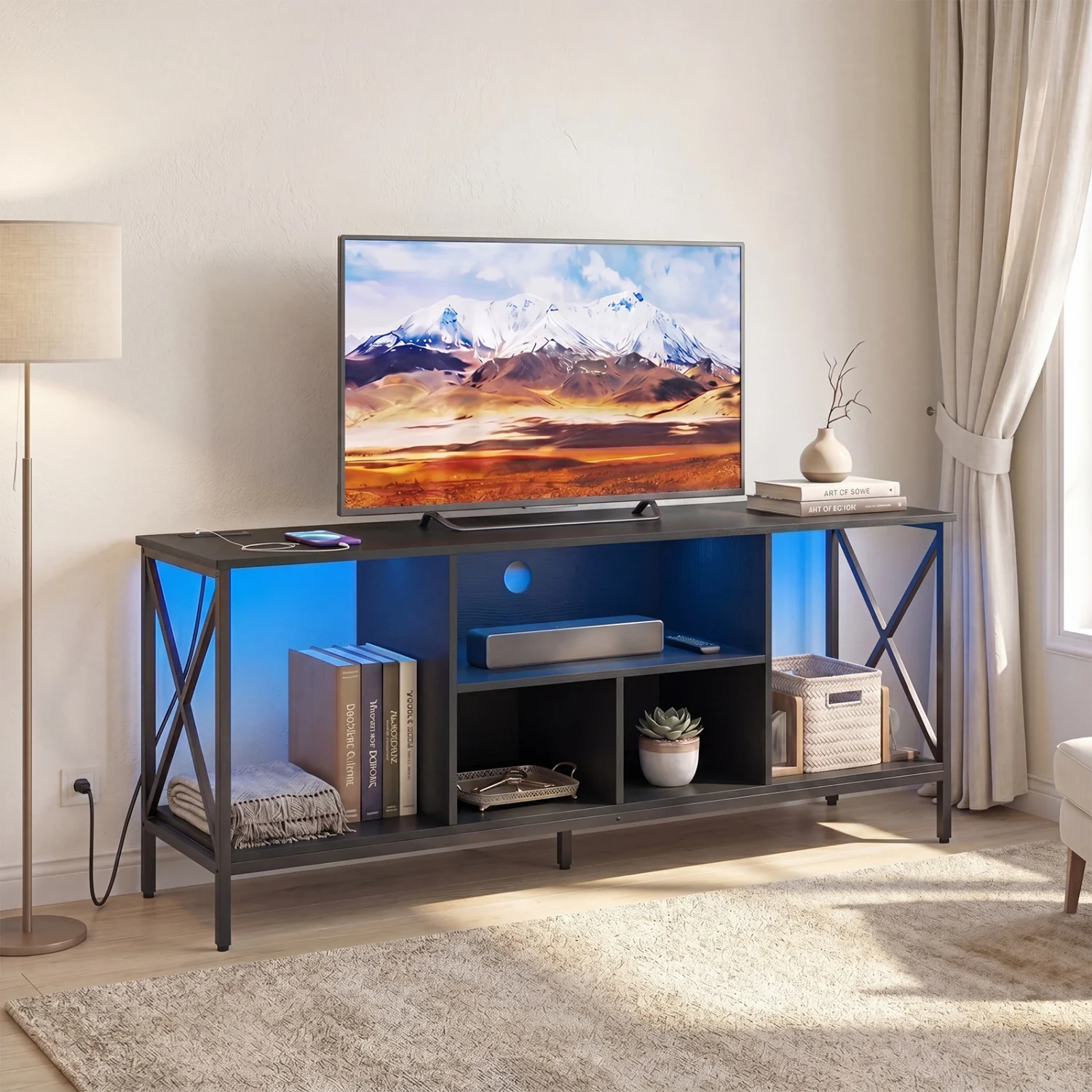 TV Stand With LED Lights, 65 Inch, Power Outlets, Black - Image 2
