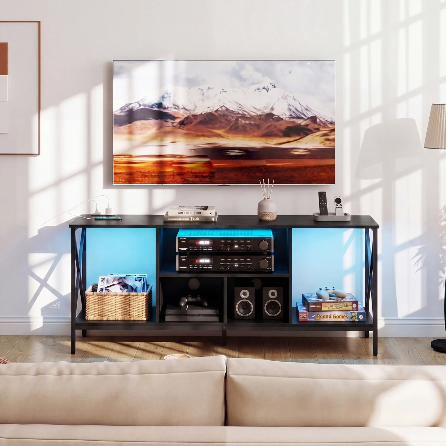 TV Stand With LED Lights, 65 Inch, Power Outlets, Black - Image 3