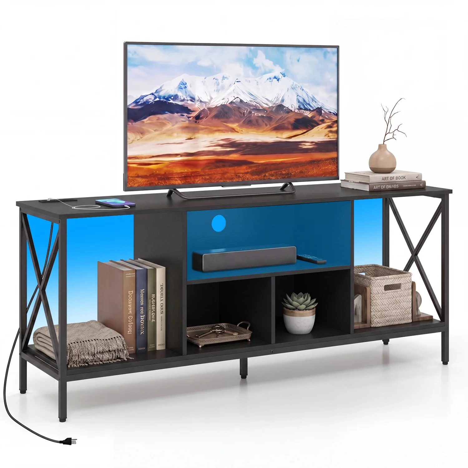 TV Stand With LED Lights, 65 Inch, Power Outlets, Black - Image 4