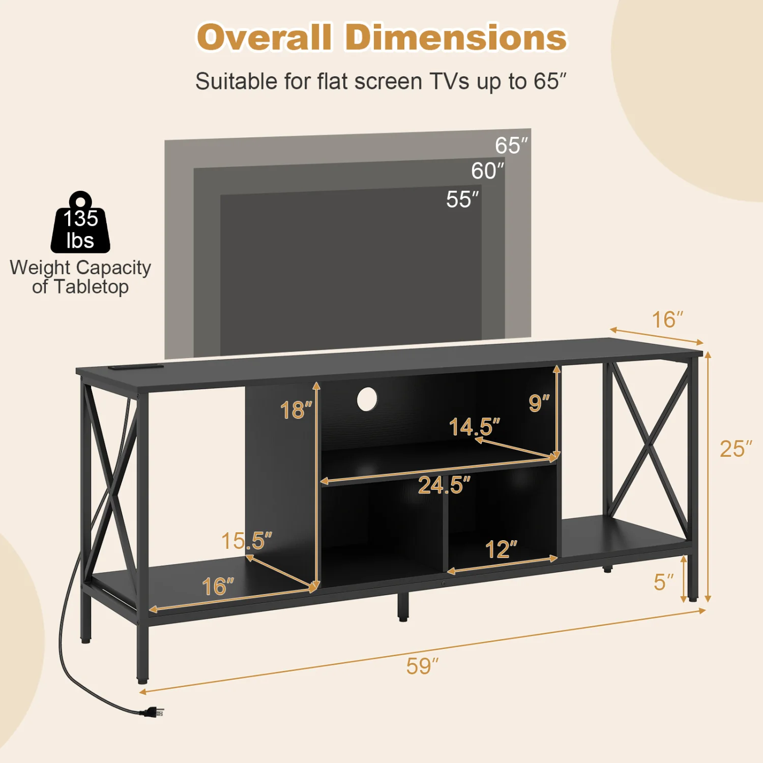 TV Stand With LED Lights, 65 Inch, Power Outlets, Black - Image 5