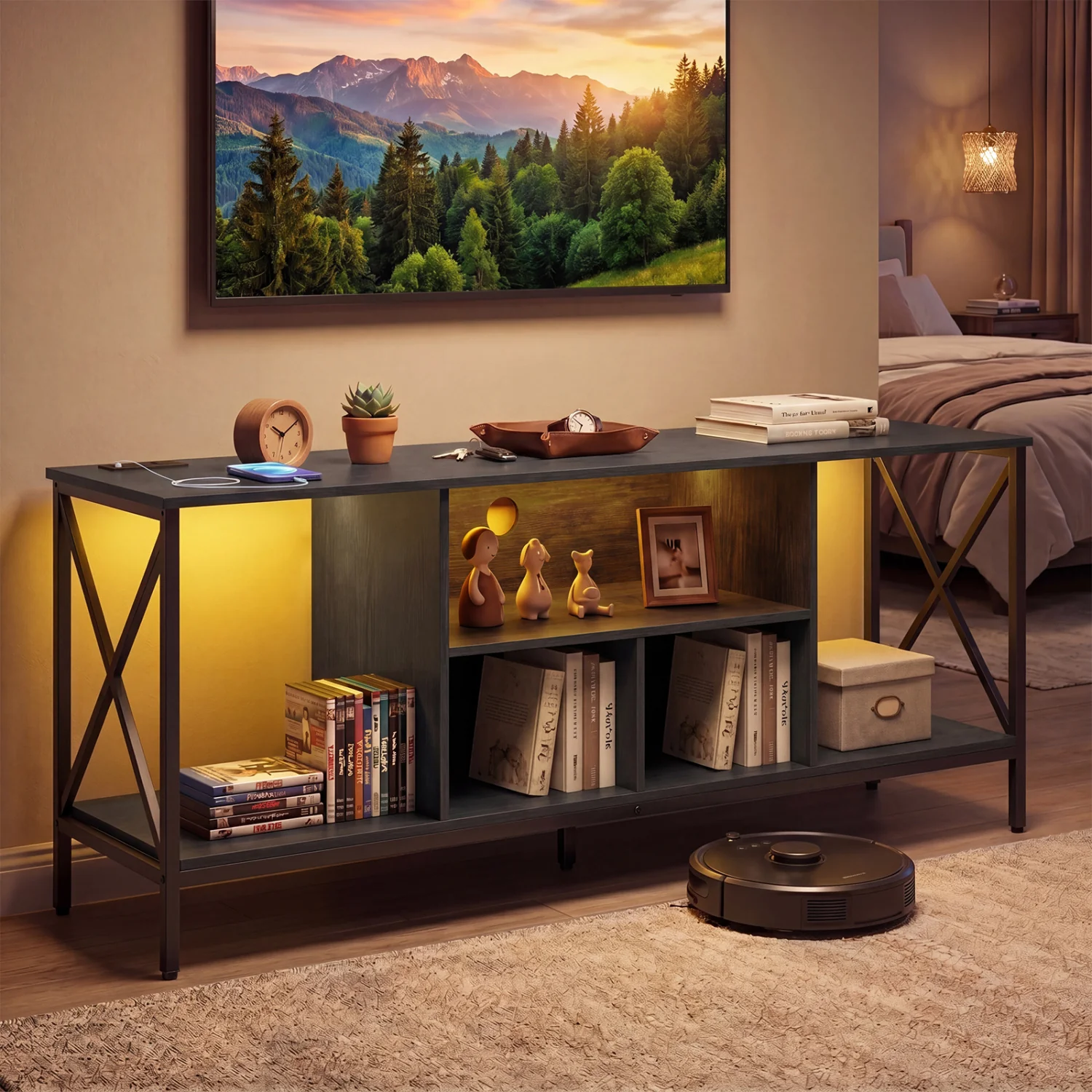 TV Stand With LED Lights, 65 Inch, Power Outlets, Black - Image 6
