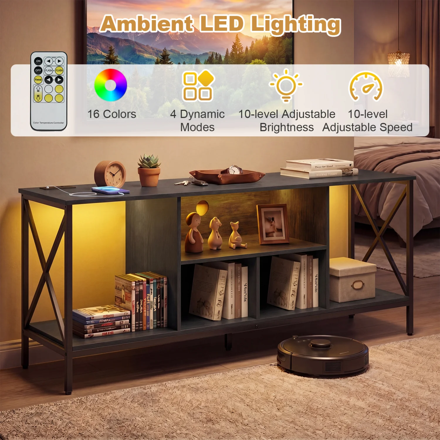 TV Stand With LED Lights, 65 Inch, Power Outlets, Black - Image 7