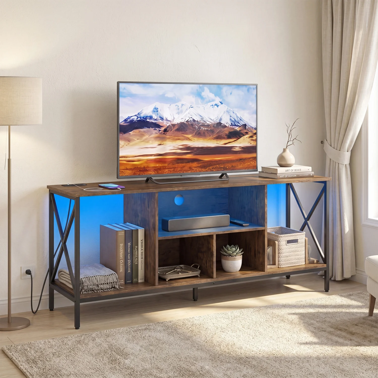 TV Stand With Led Lights For 65 Inch TV Entertainment Center, Brown - Image 2