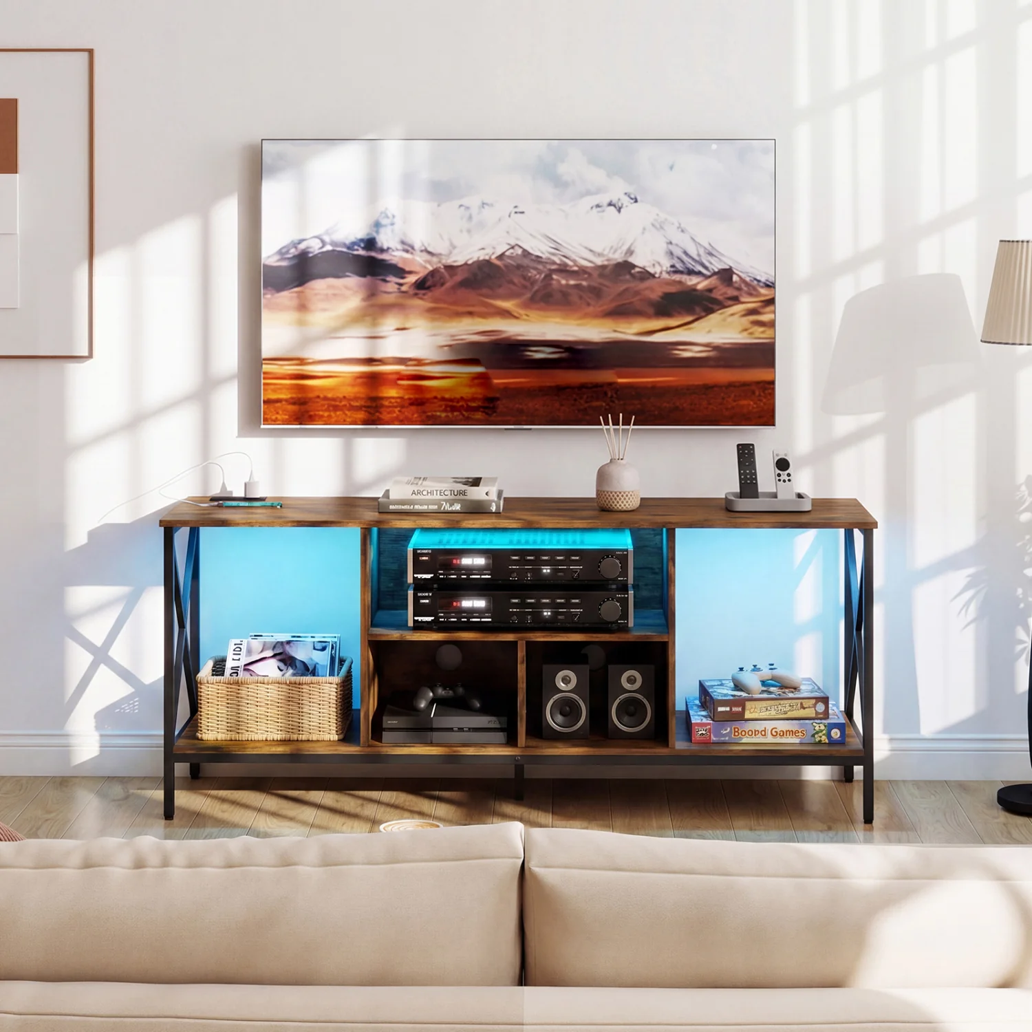 TV Stand With Led Lights For 65 Inch TV Entertainment Center, Brown - Image 3