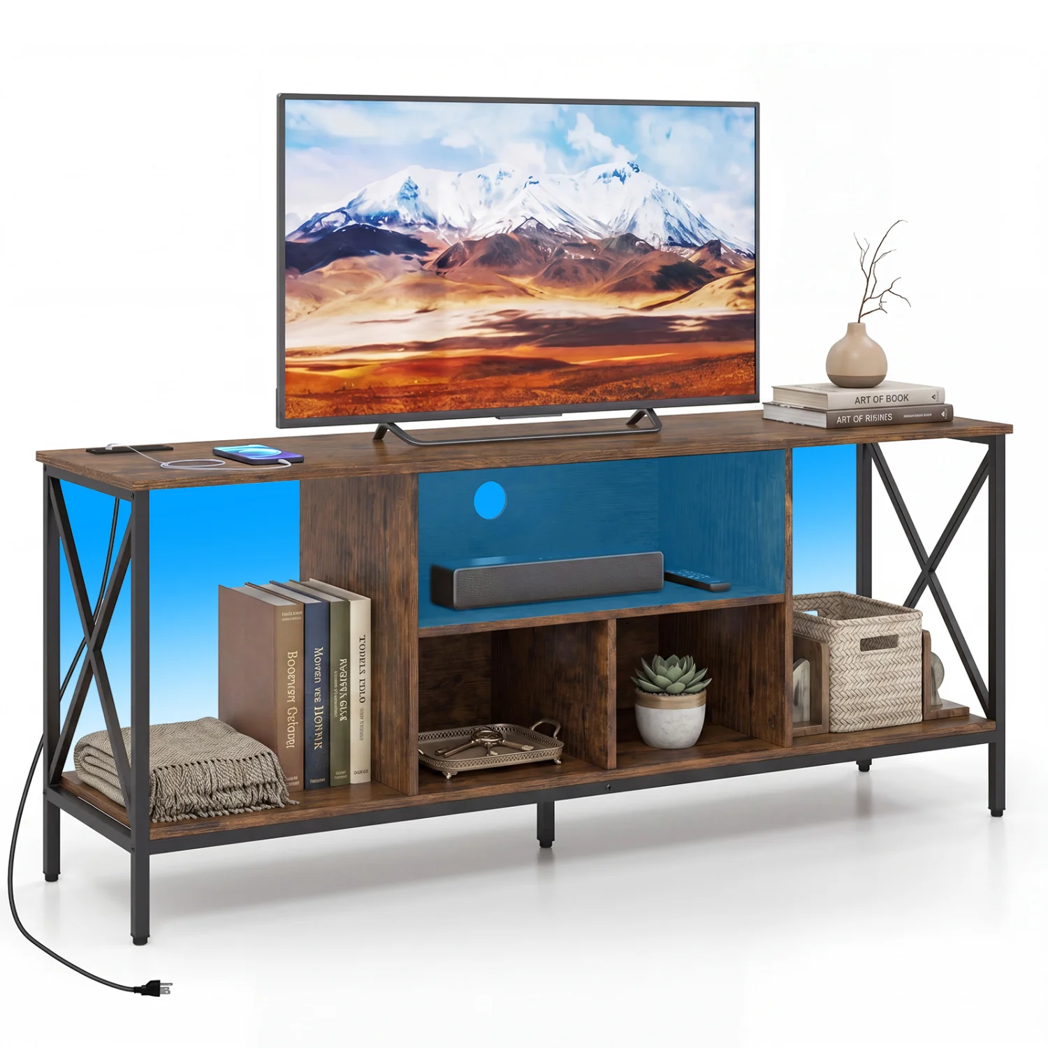 TV Stand With Led Lights For 65 Inch TV Entertainment Center, Brown - Image 4