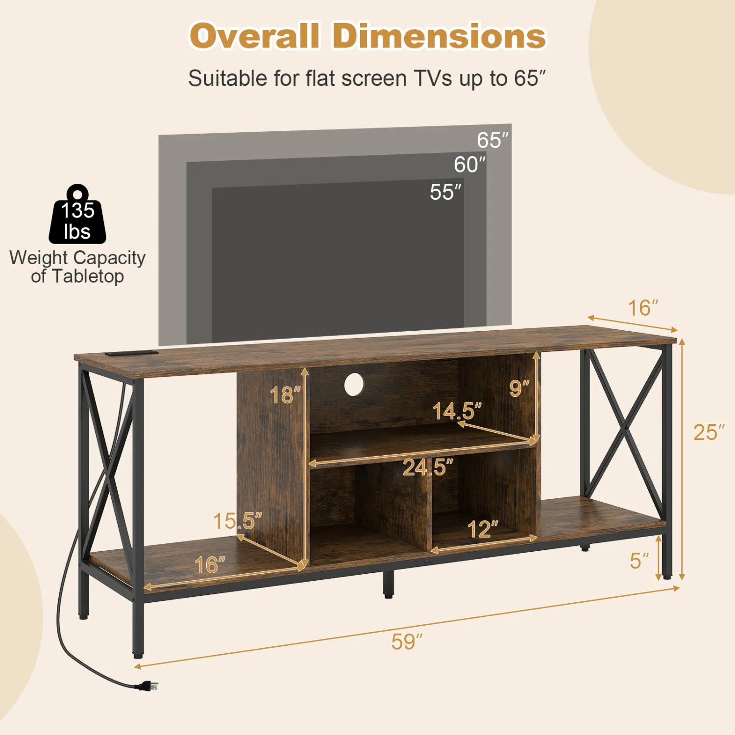 TV Stand With Led Lights For 65 Inch TV Entertainment Center, Brown - Image 5