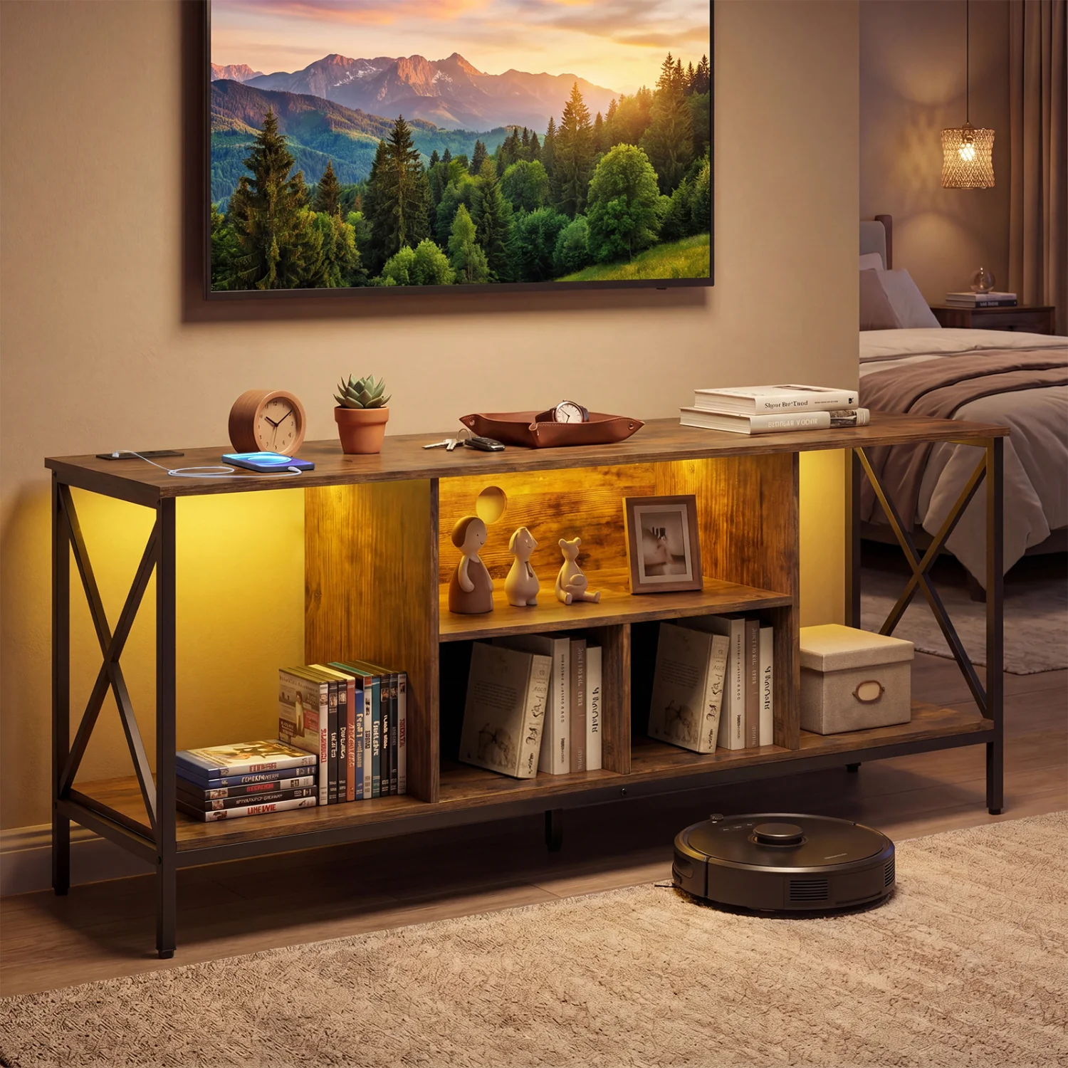 TV Stand With Led Lights For 65 Inch TV Entertainment Center, Brown - Image 6