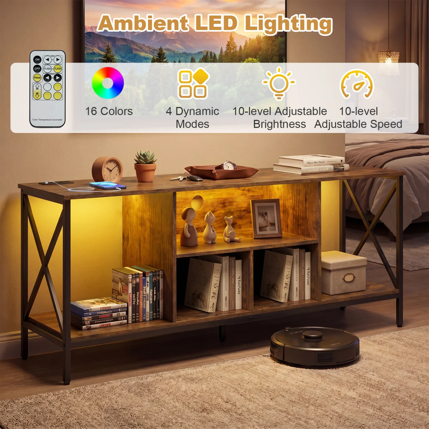 TV Stand With Led Lights For 65 Inch TV Entertainment Center, Brown - Image 7