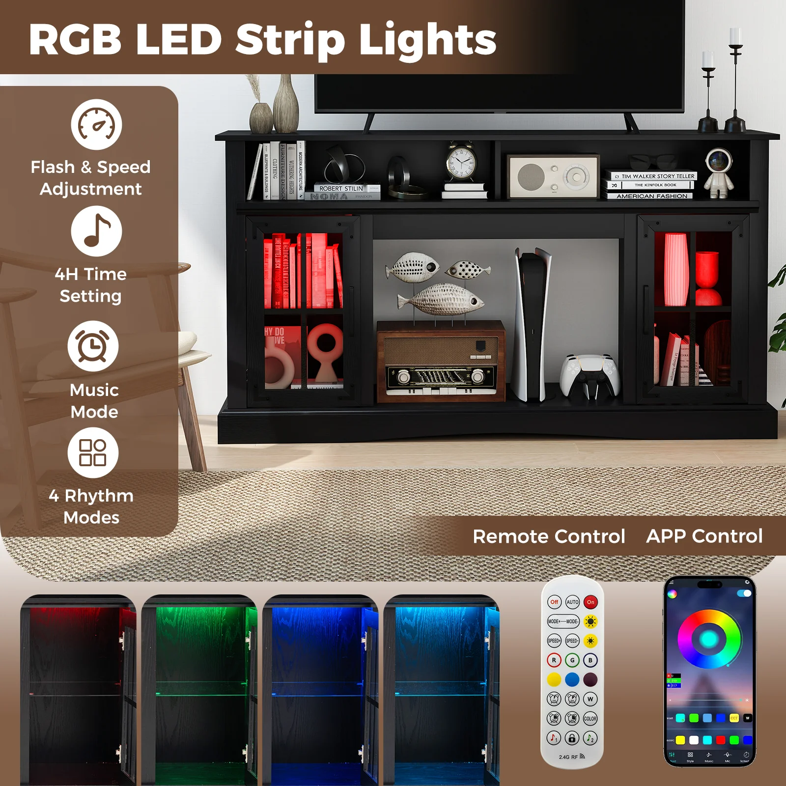 TV Stand With LED Lights, Remote Control, Black - Image 5